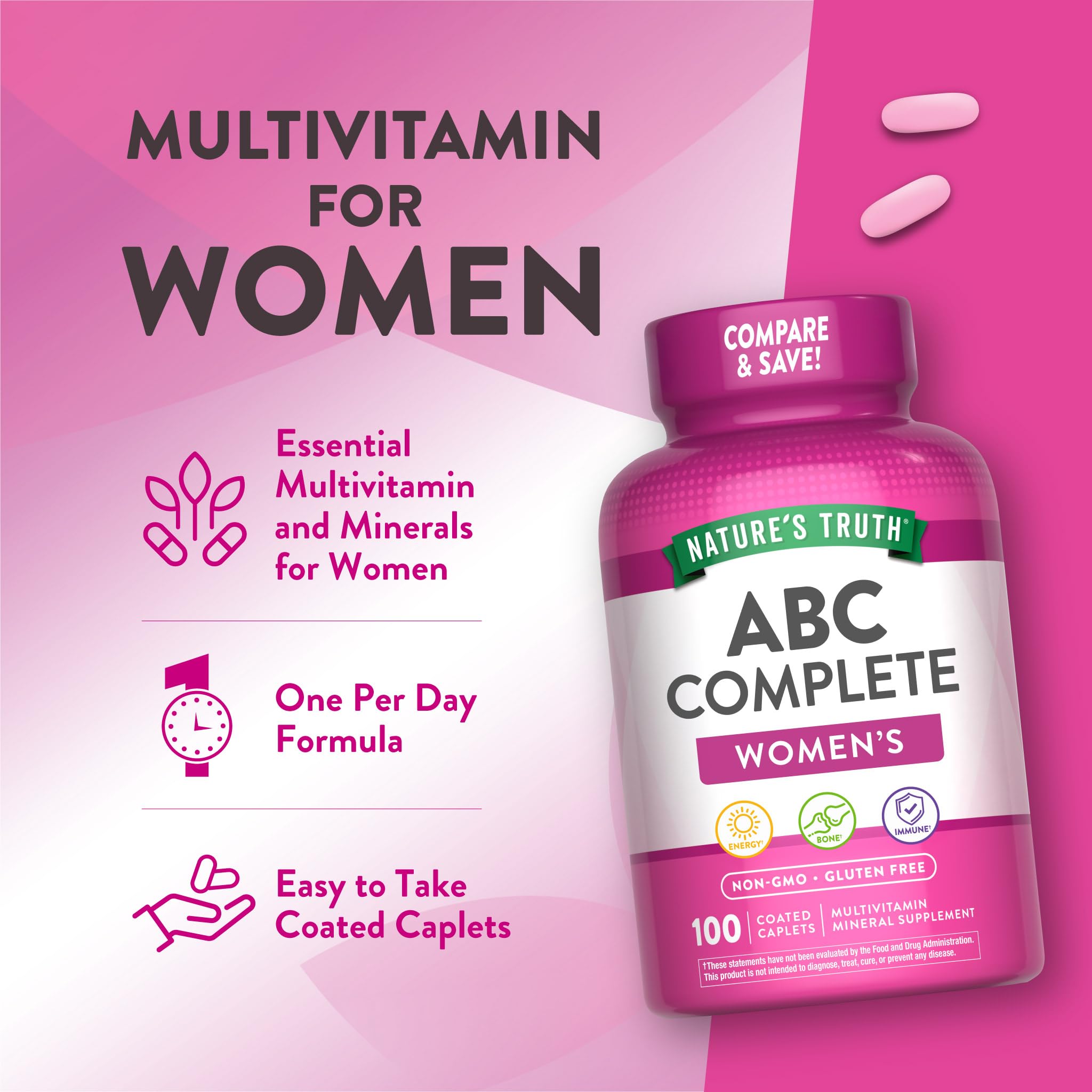 Nature's Truth multivitamin for women with iron non-GMO claim on packaging supports mindful choices.