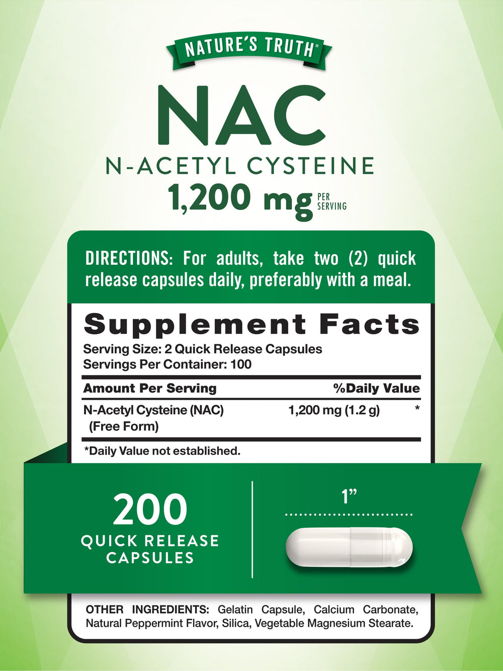 Closeup of Nature's Truth NAC capsules, two-per-day convenience.