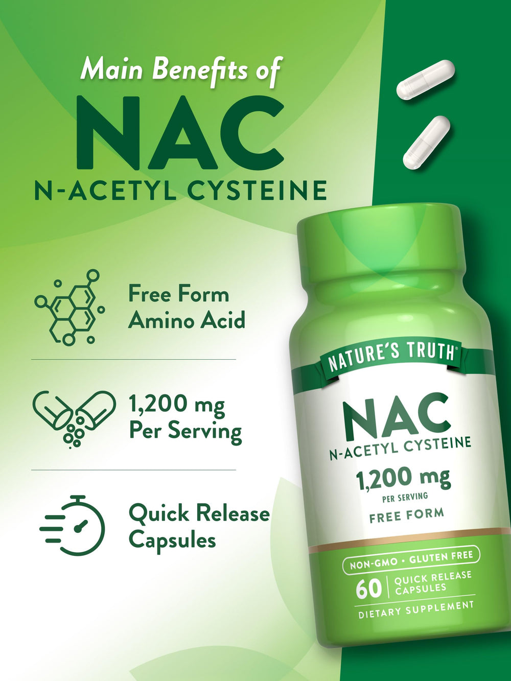 Nature's Truth NAC ingredient panel highlights free-form amino acid.