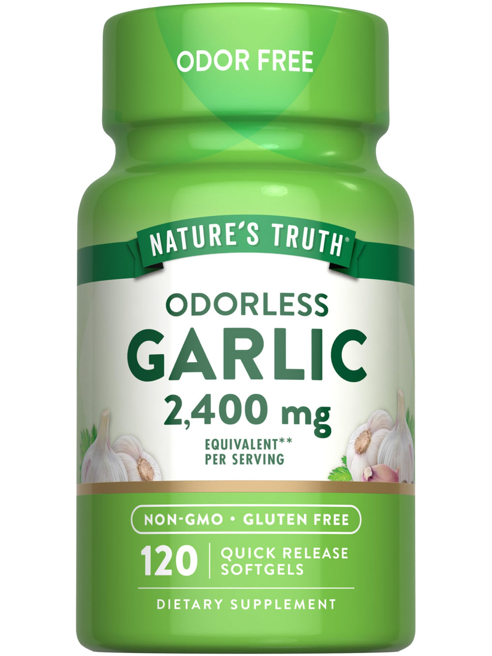 Nature's Truth Odorless Garlic 2400mg bottle highlights odor-free daily supplement.