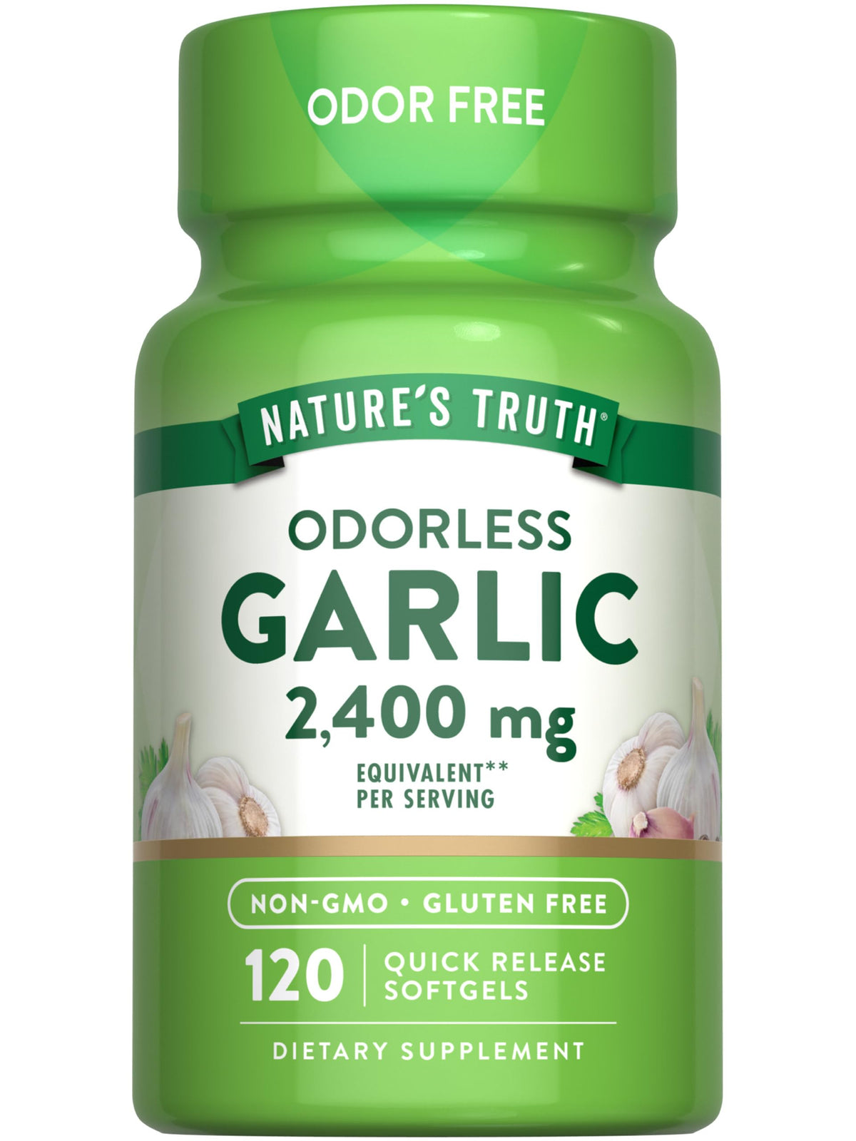 Nature's Truth Odorless Garlic 2400mg bottle highlights odor-free daily supplement.
