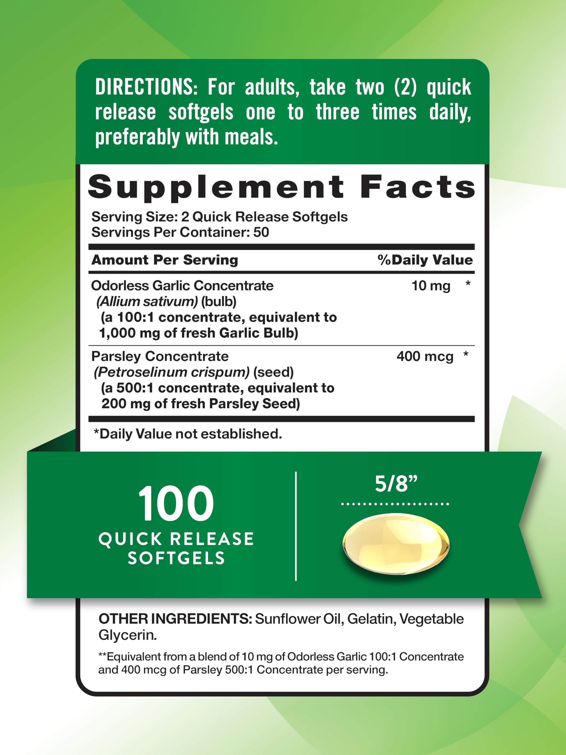 Nature's Truth odorless garlic parsley softgels back label reveals non-GMO gluten-free formulation.