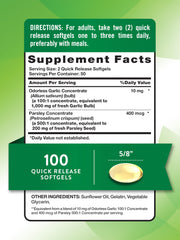 Nature's Truth odorless garlic parsley softgels back label reveals non-GMO gluten-free formulation.