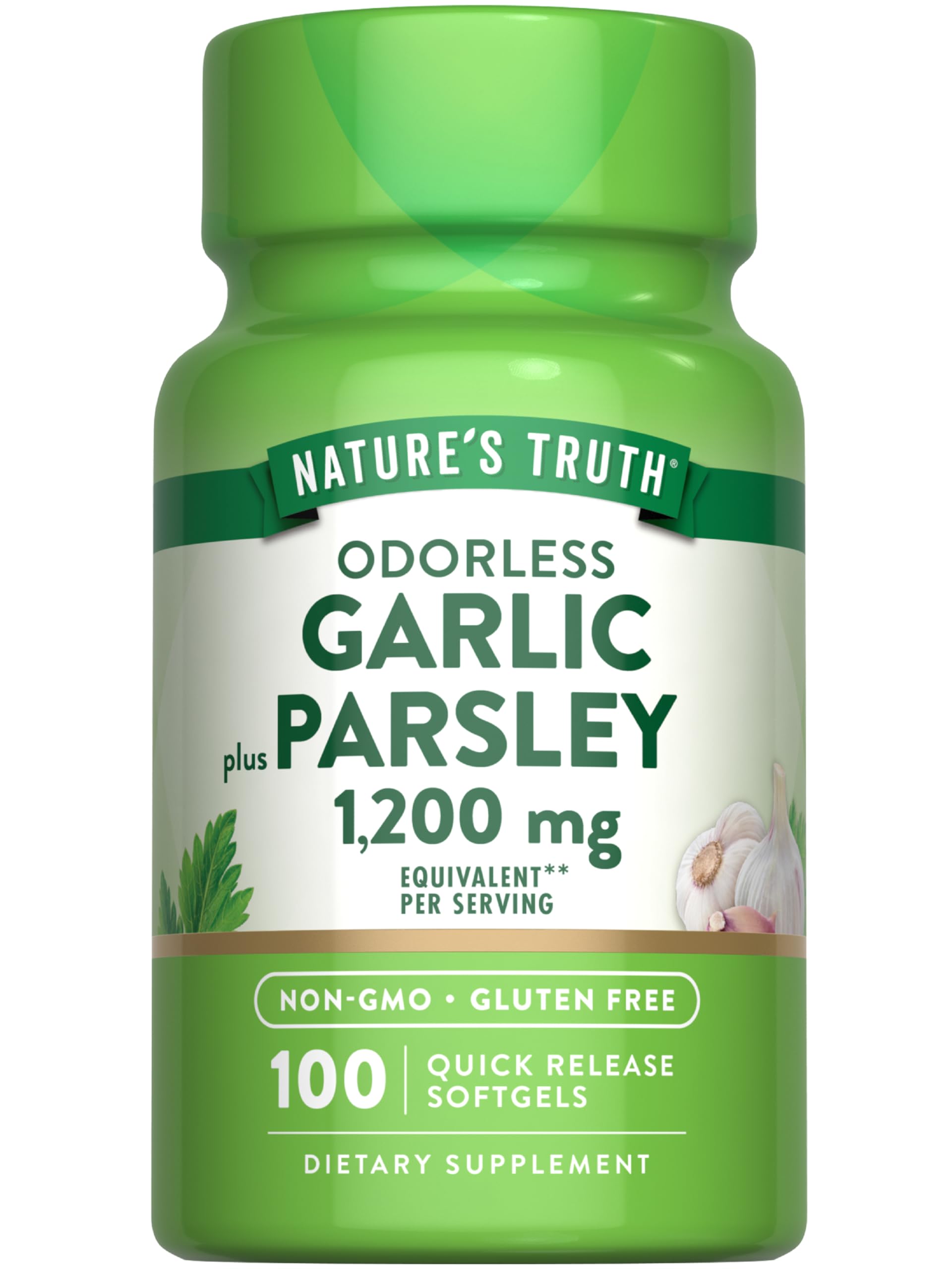 Nature's Truth odorless garlic parsley softgels bottle front for convenient daily wellness support.