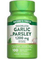 Nature's Truth odorless garlic parsley softgels bottle front for convenient daily wellness support.