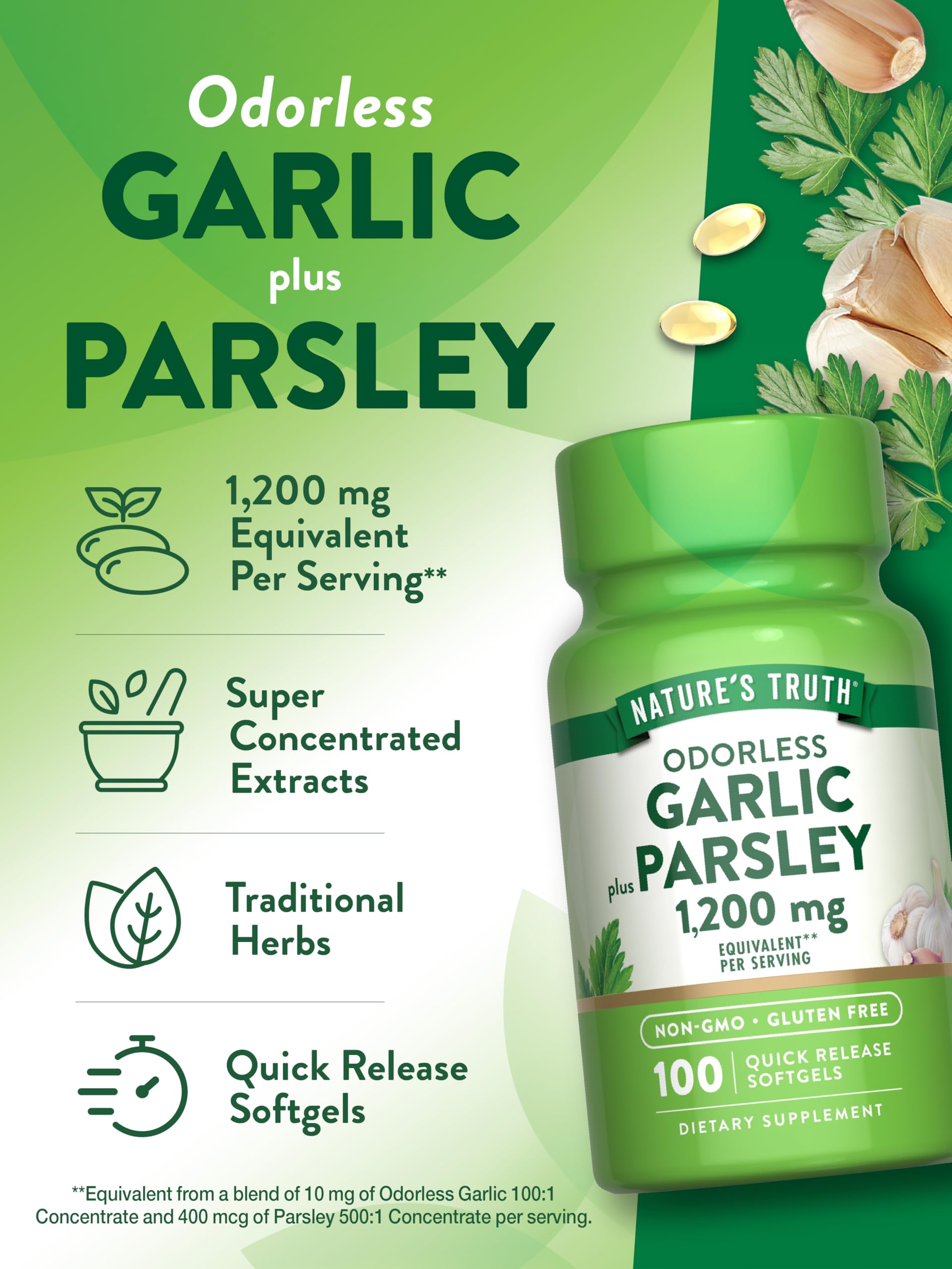 Nature's Truth garlic parsley softgels icons highlight gluten-free and non-GMO benefits.