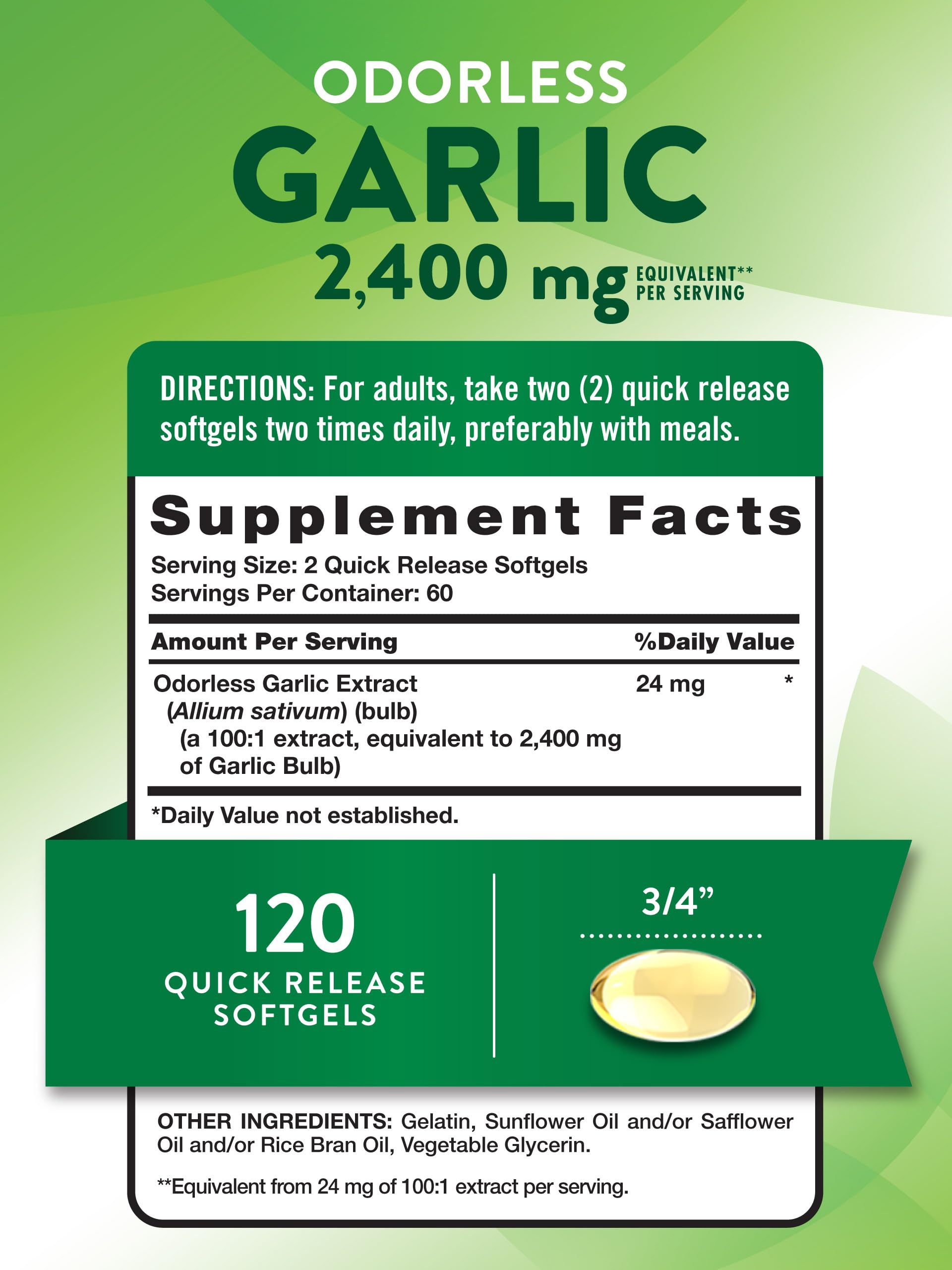 Nature's Truth Odorless Garlic softgels close-up emphasizes convenient capsules for easy intake.