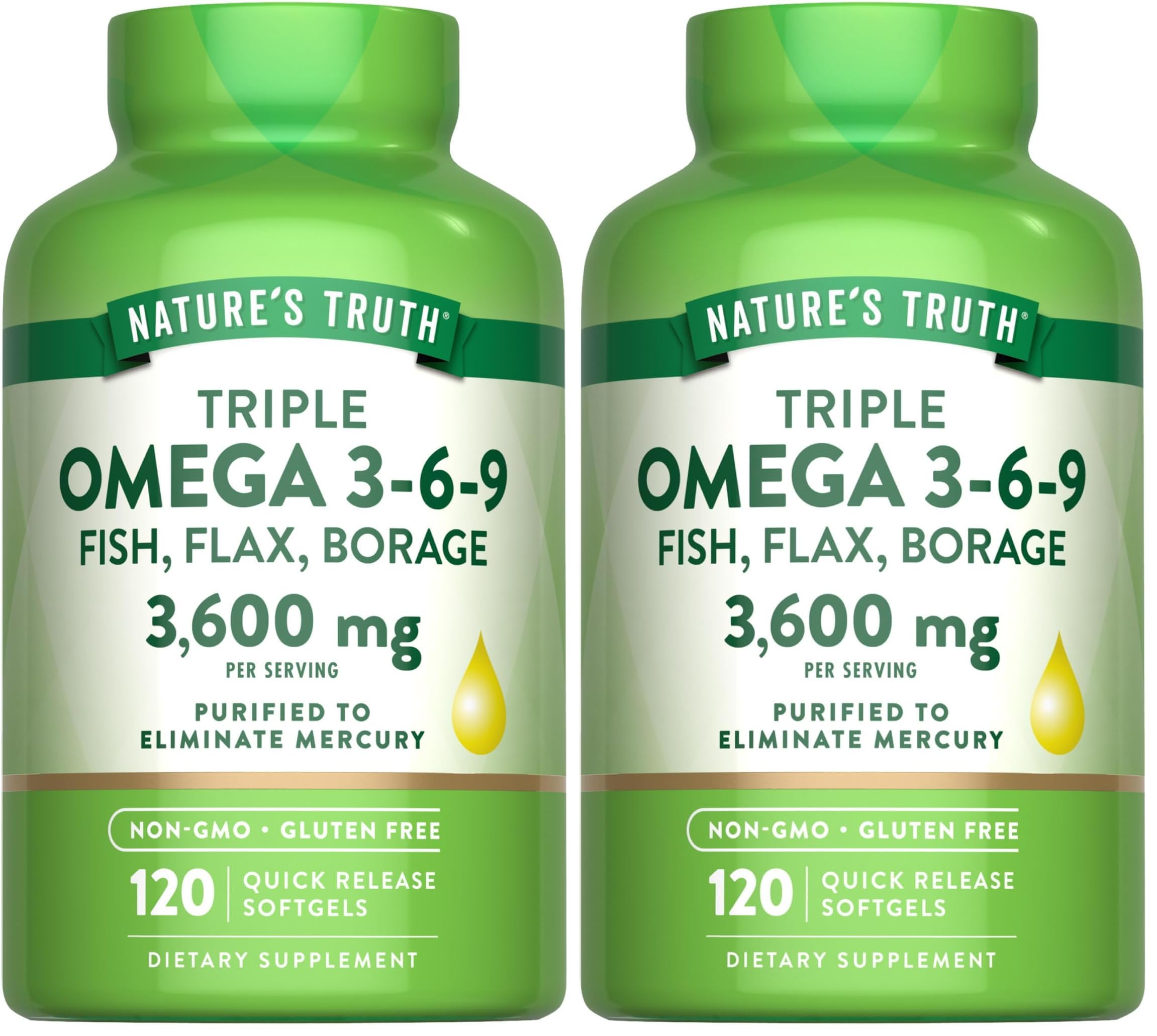 Nature's Truth Omega 3-6-9 softgels bottle highlights triple omega blend.