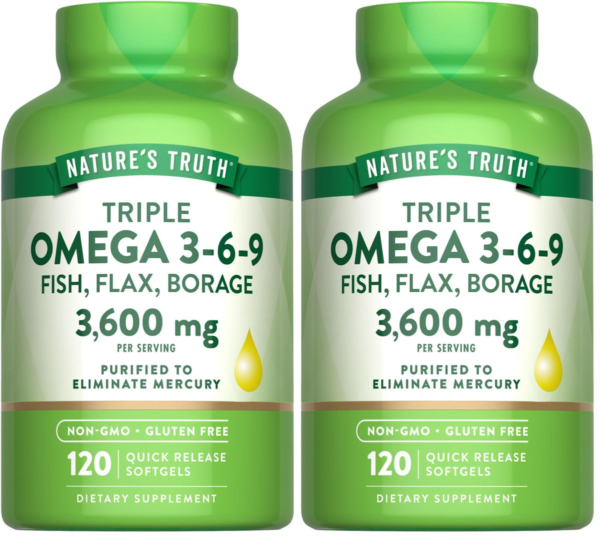 Nature's Truth Omega 3-6-9 softgels bottle highlights triple omega blend.