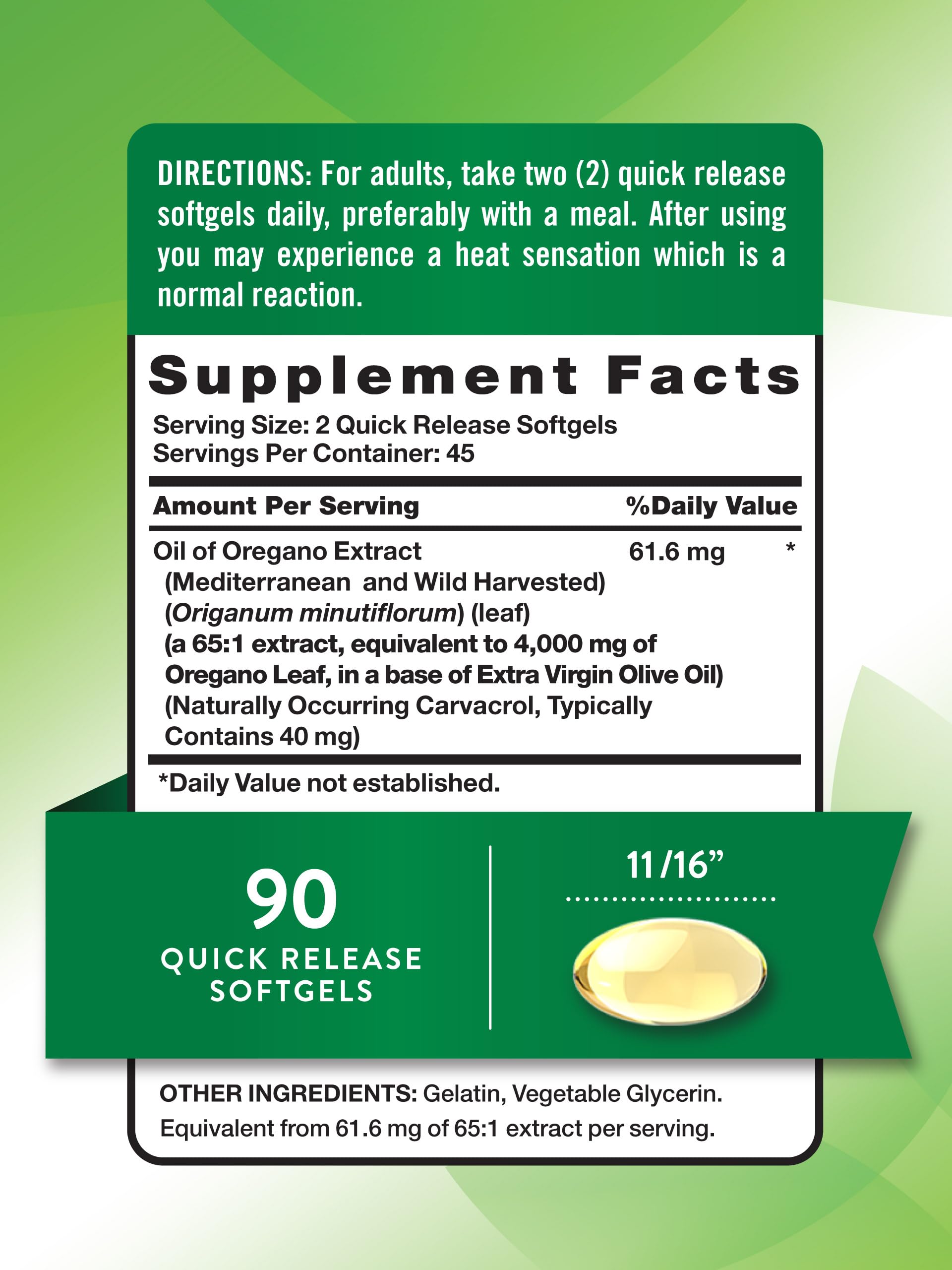 Nature's Truth oregano oil softgels bottle back showing non-GMO and gluten-free details.