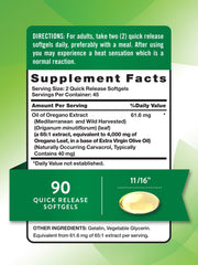 Nature's Truth oregano oil softgels bottle back showing non-GMO and gluten-free details.