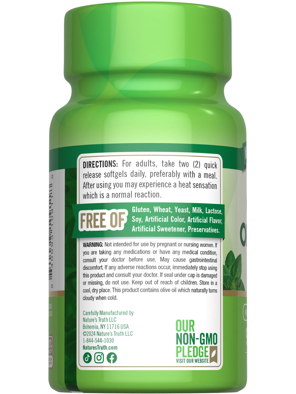 Nature's Truth oregano oil softgels non-GMO mark on label.