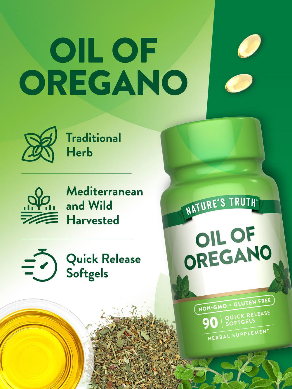 Nature's Truth oregano oil softgels serving presentation suggests daily intake.
