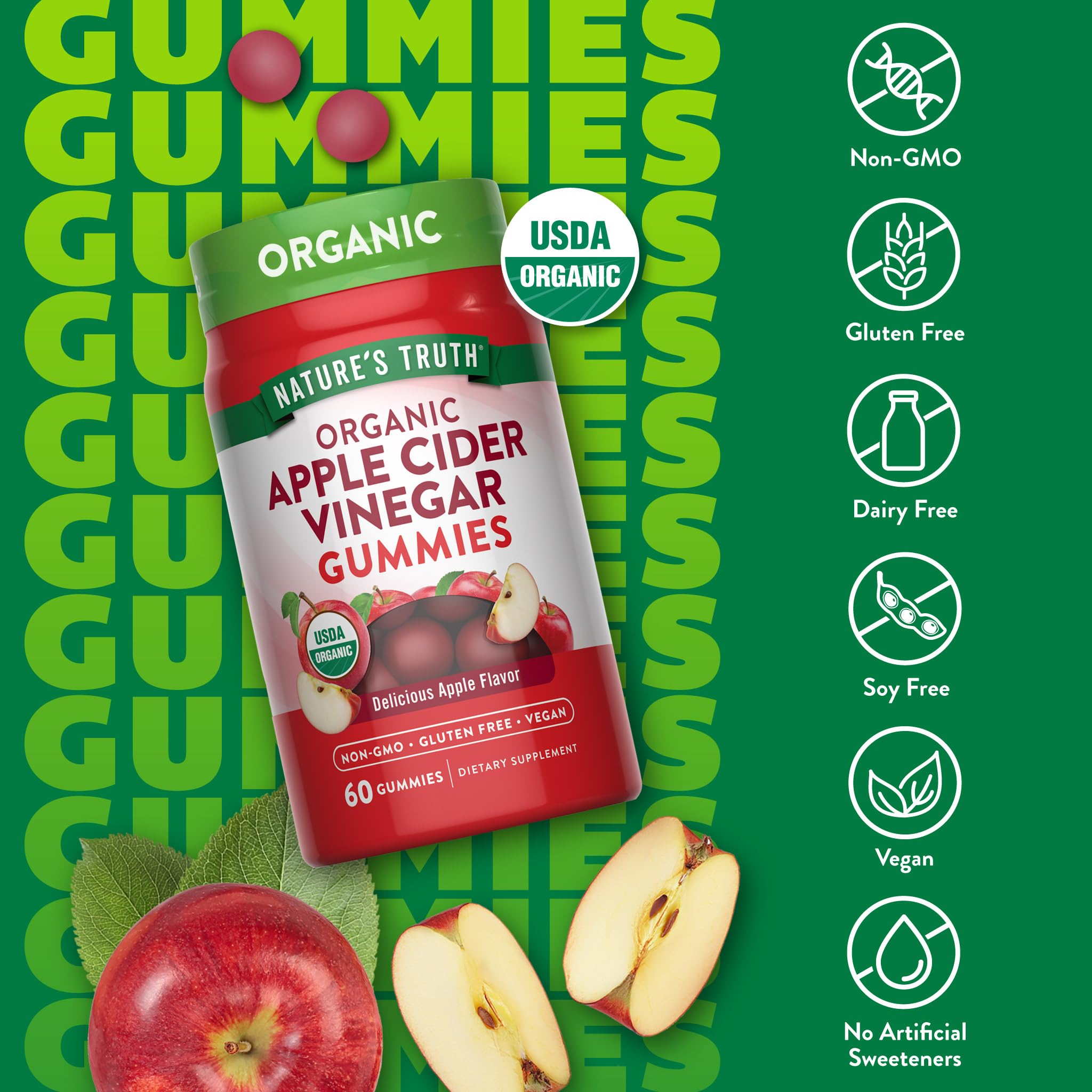 Nature's Truth organic ACV gummies ingredients label showing organic and non-GMO quality