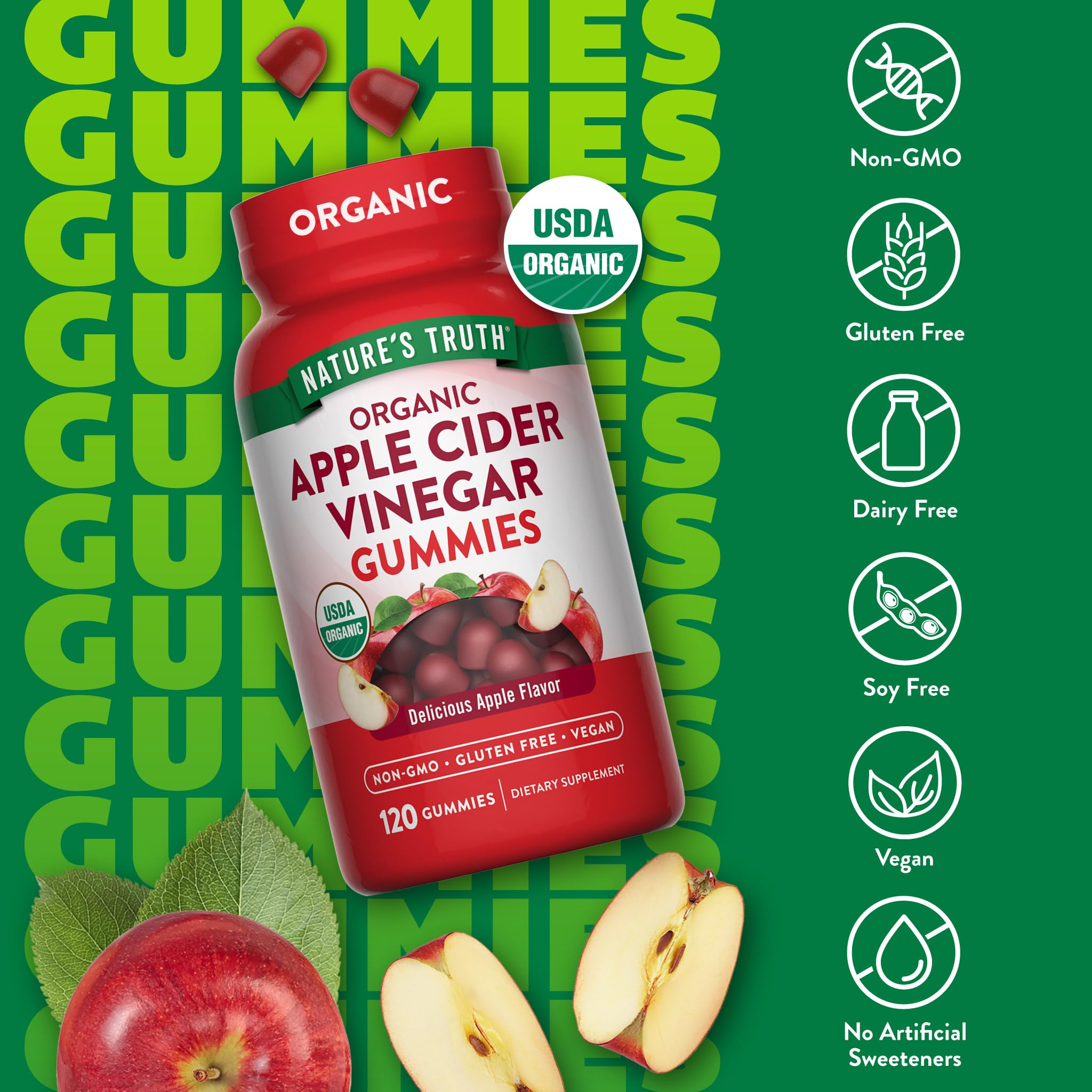Nature's Truth Organic Apple Cider Vinegar label close-up emphasizing USDA Organic and non-GMO.