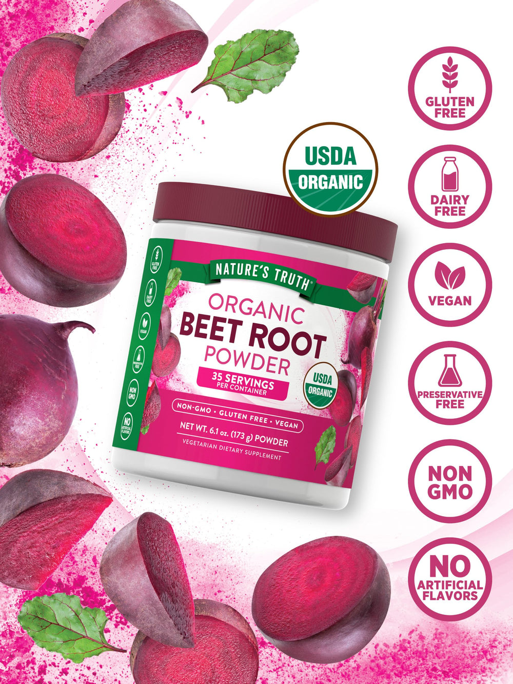 Nature's Truth organic beet root powder packaging with non-GMO claim