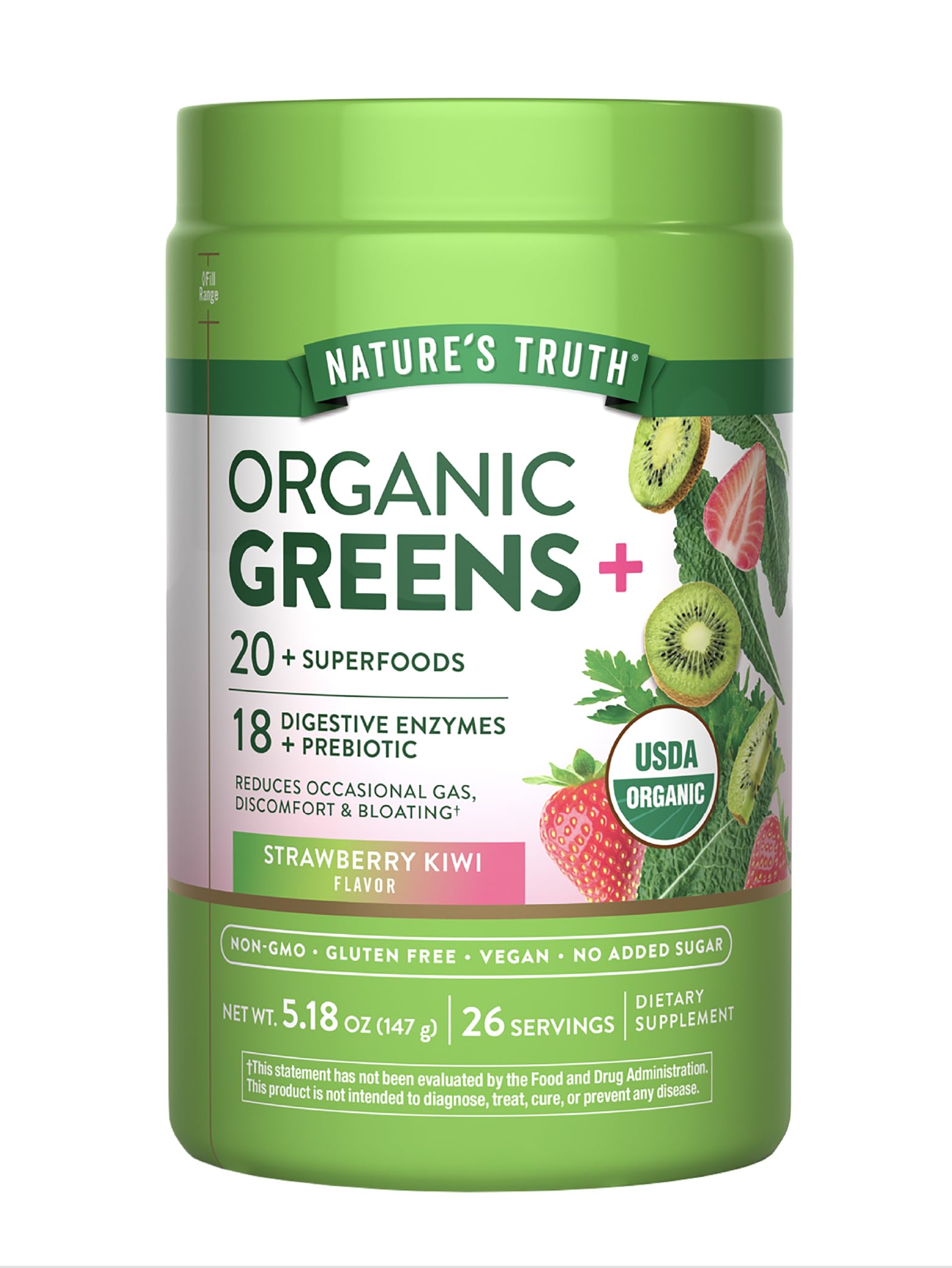 Nature's Truth Organic Greens Powder jar-front highlights a vibrant superfoods blend for daily vitality.