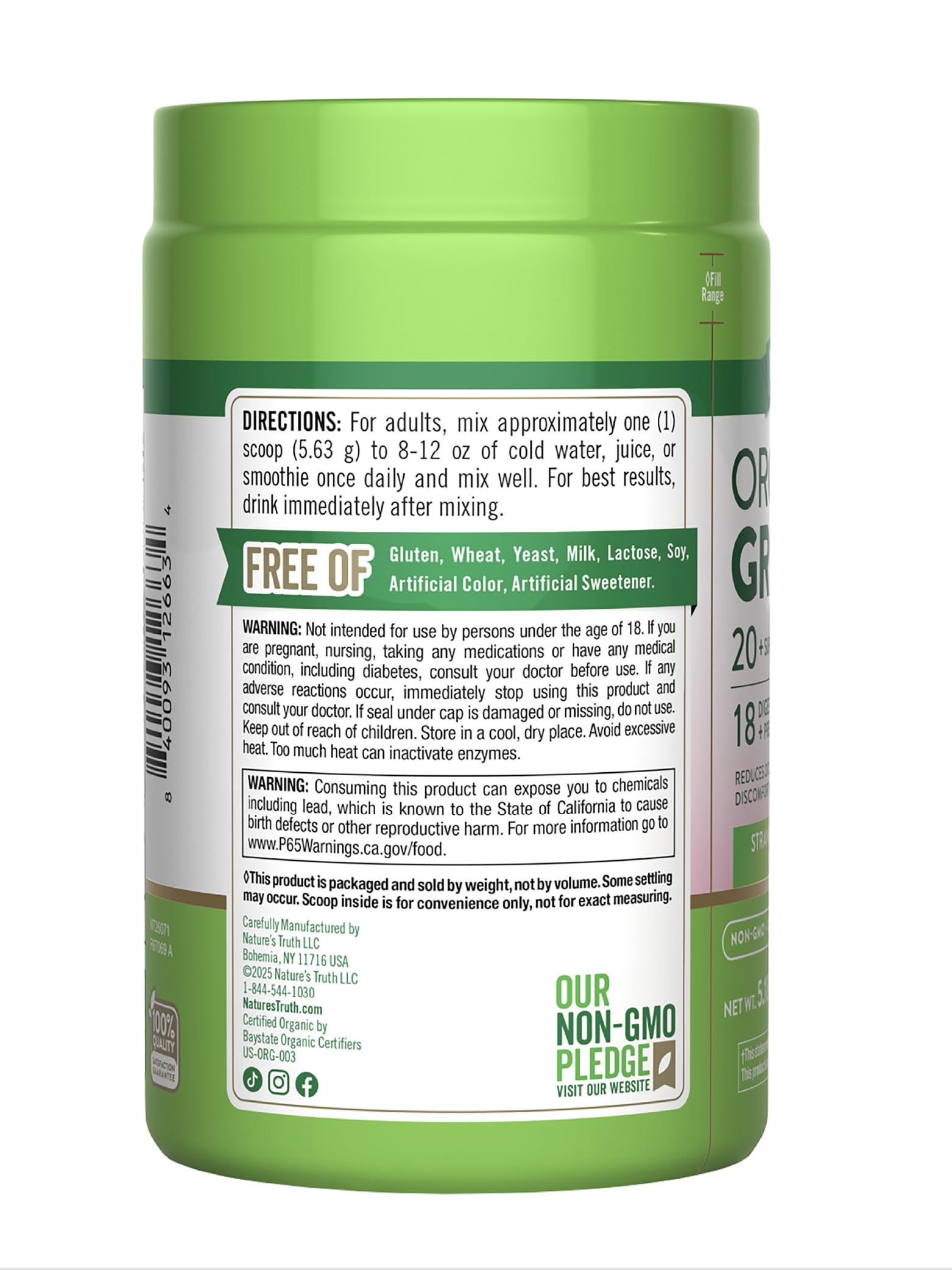 Nature's Truth Organic Greens Powder non-gmo-label signifies clean, GMO-free ingredients.
