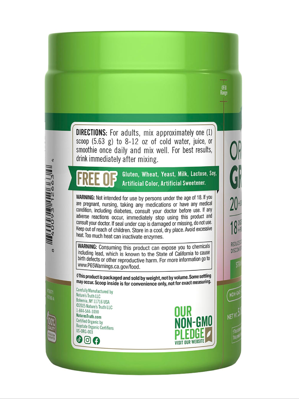 Nature's Truth Organic Greens Powder non-gmo-label signifies clean, GMO-free ingredients.