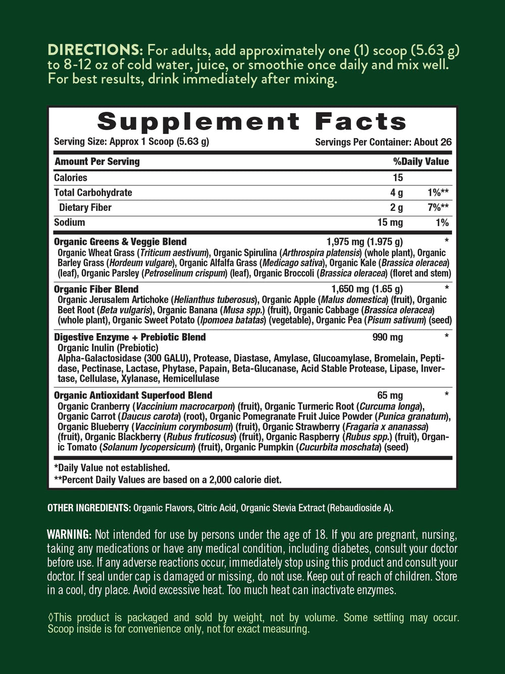 Nature's Truth Organic Greens Powder tub-label emphasizes vegan, gluten-free nutrition for busy mornings.