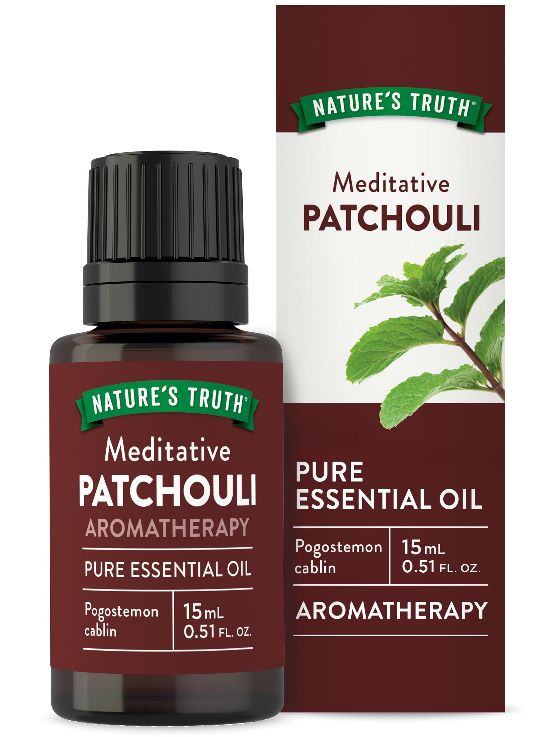 Nature's Truth Patchouli oil bottle for diffuse aromatherapy and mood grounding