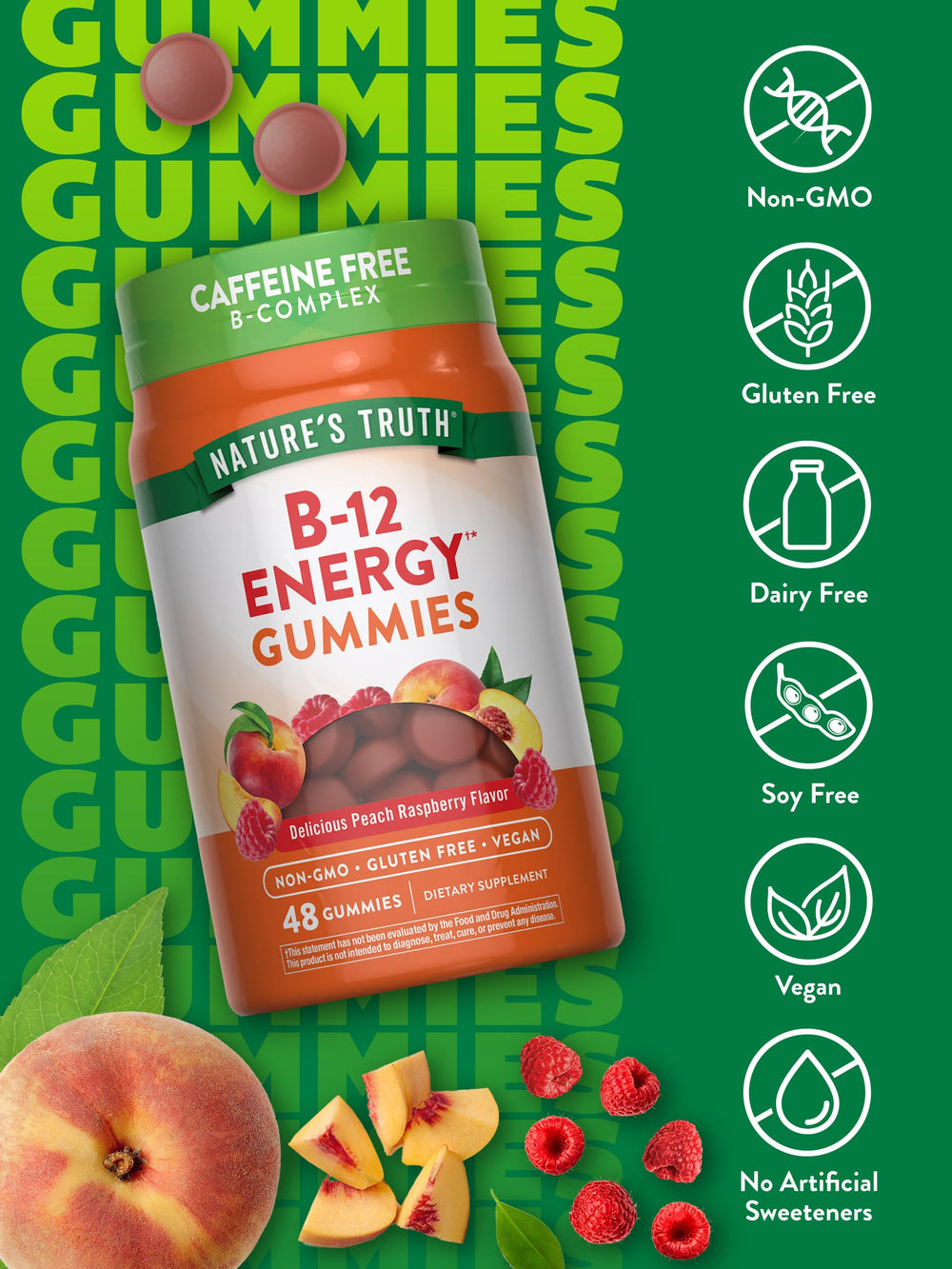 Peach-raspberry flavored Nature's Truth gummies highlight tasty vegan option.
