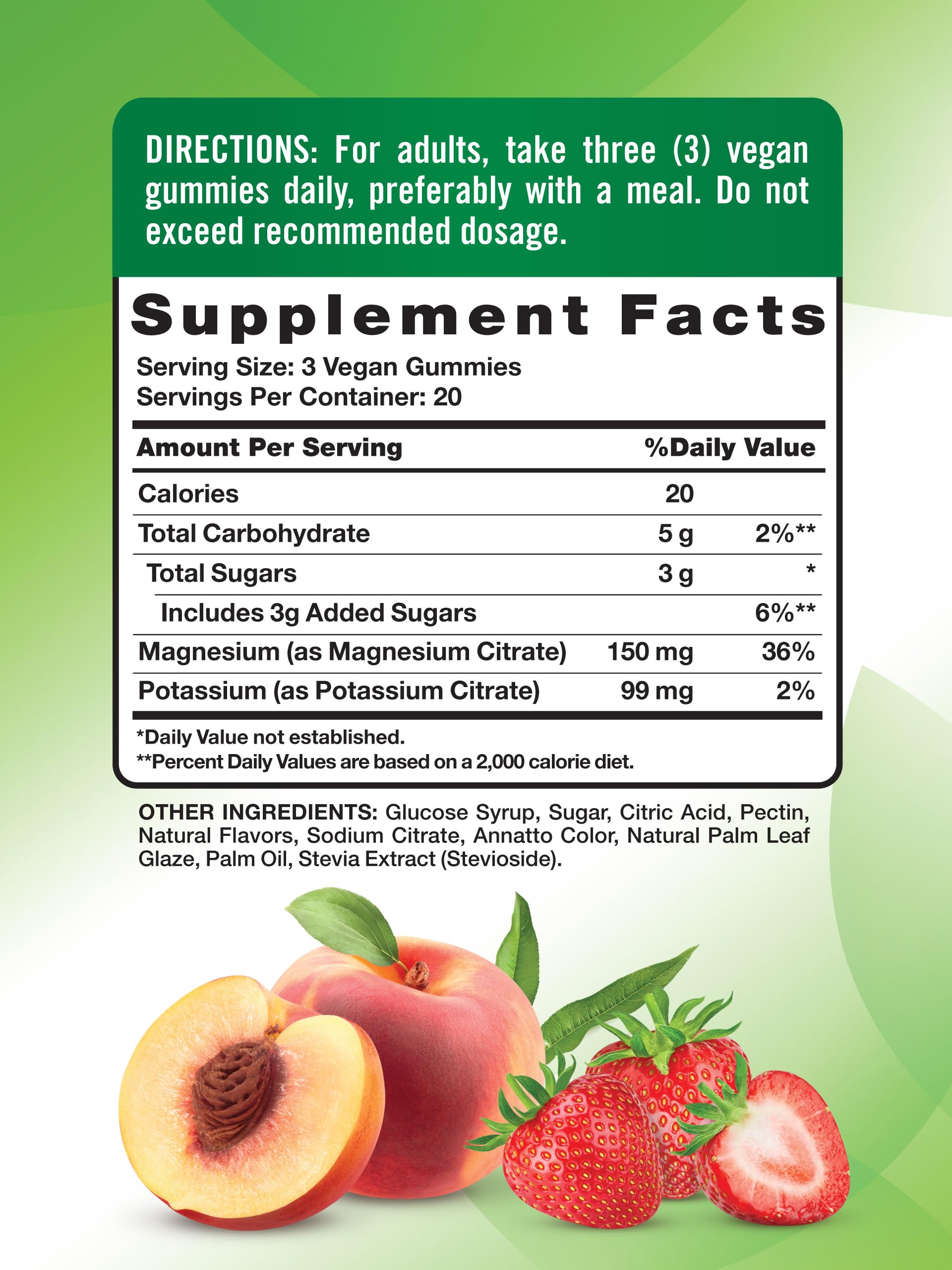 Nature's Truth potassium magnesium citrate gummies bottle back, per-pack nutrition details.
