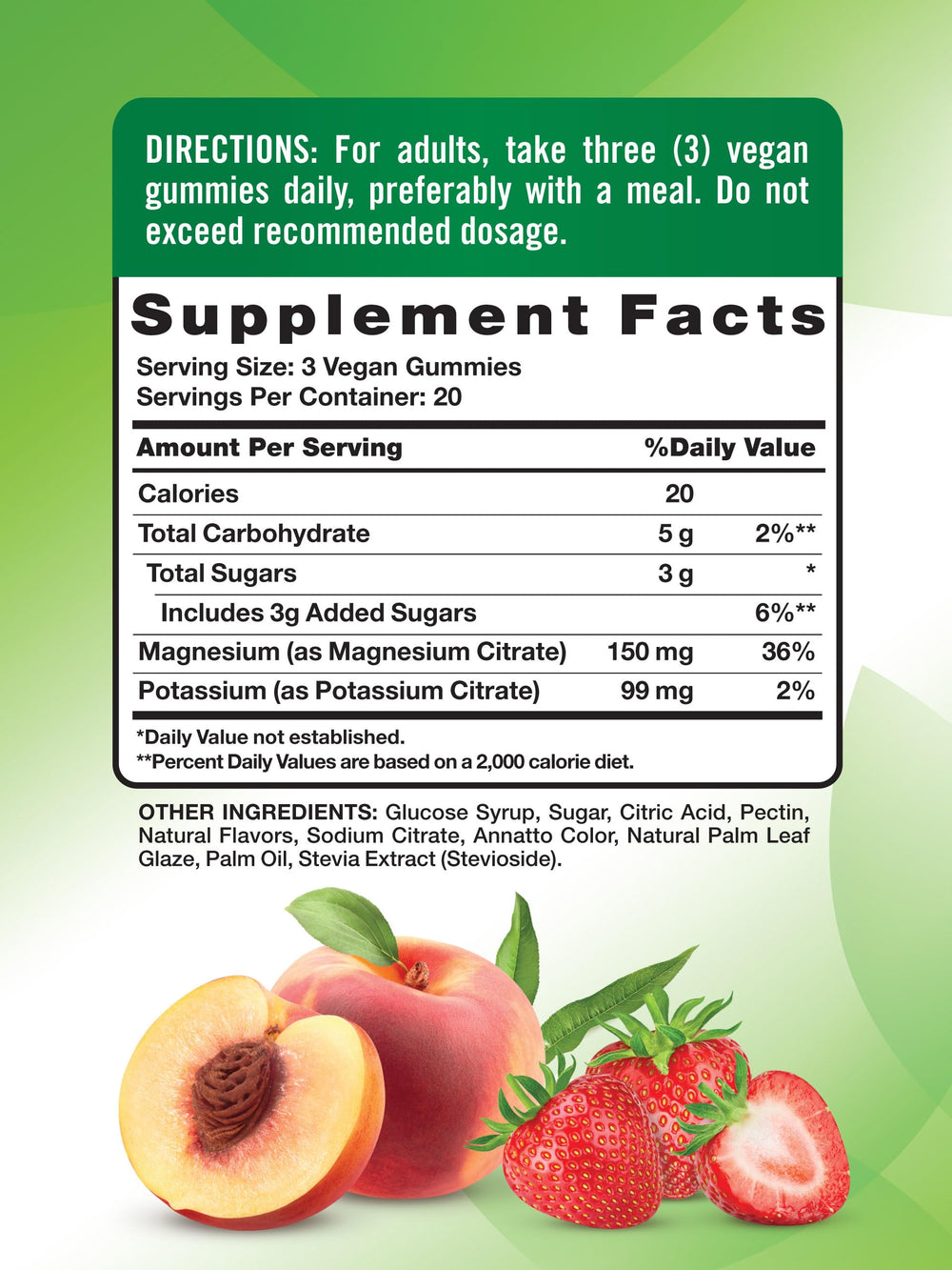 Nature's Truth potassium magnesium citrate gummies bottle back, per-pack nutrition details.