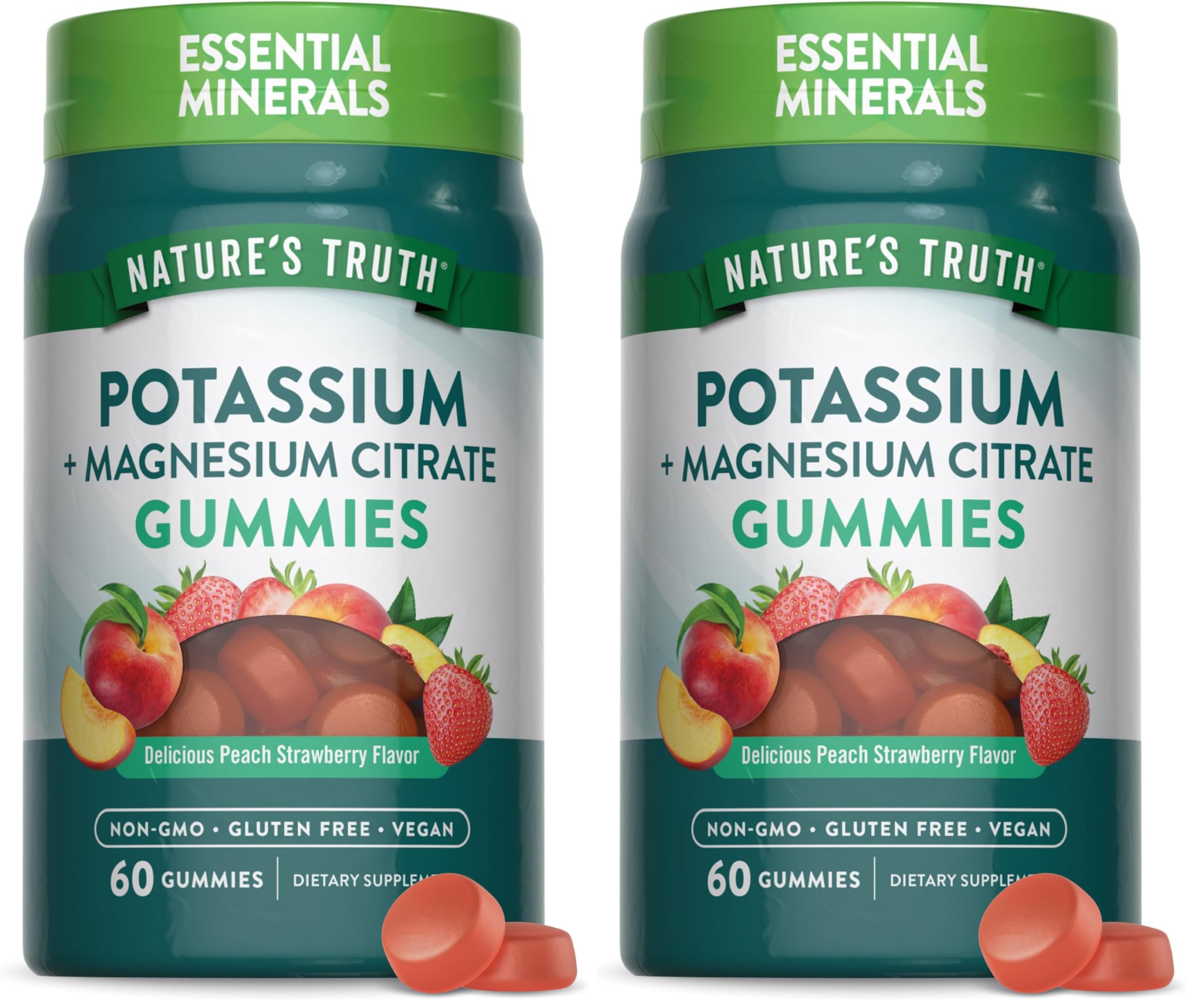 Nature's Truth potassium magnesium citrate gummies bottle front, vegan and gluten-free daily mineral supplement.