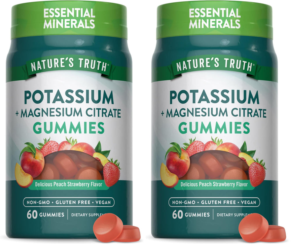 Nature's Truth potassium magnesium citrate gummies bottle front, vegan and gluten-free daily mineral supplement.
