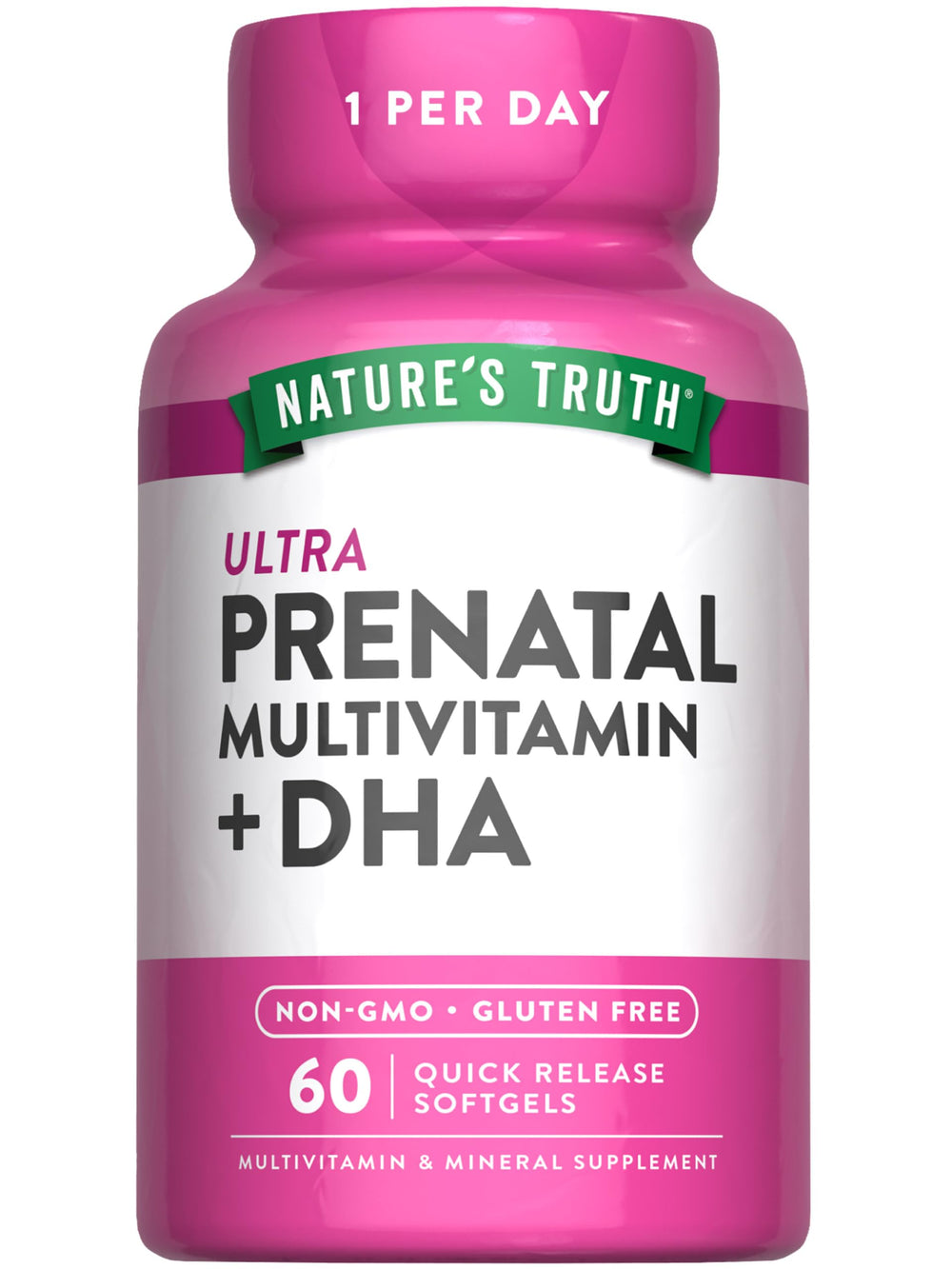 Nature's Truth Prenatal softgels bottle shows DHA support for mom and baby.