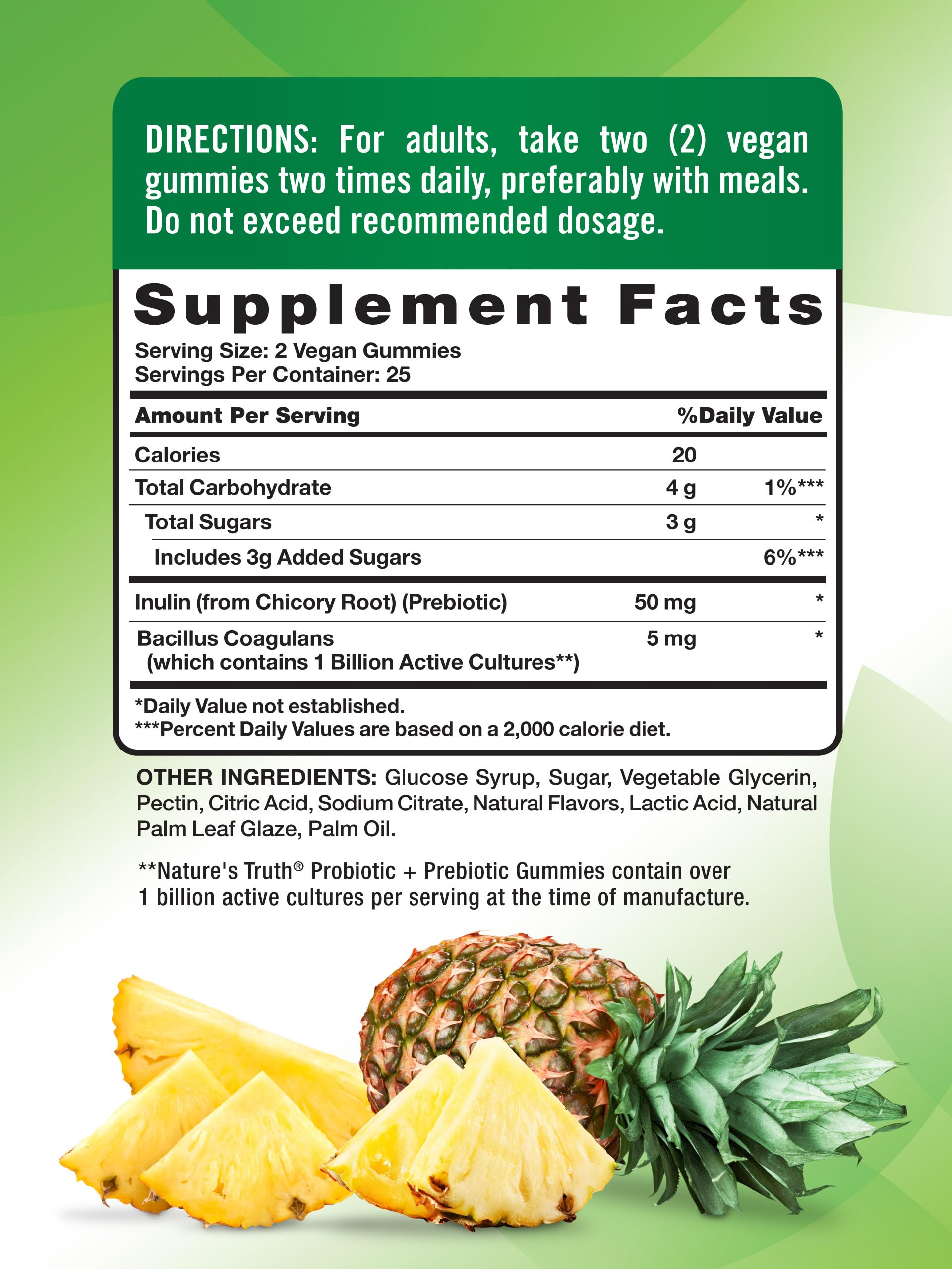Nature's Truth probiotic gummies adults label highlights 1B CFU and prebiotic support.