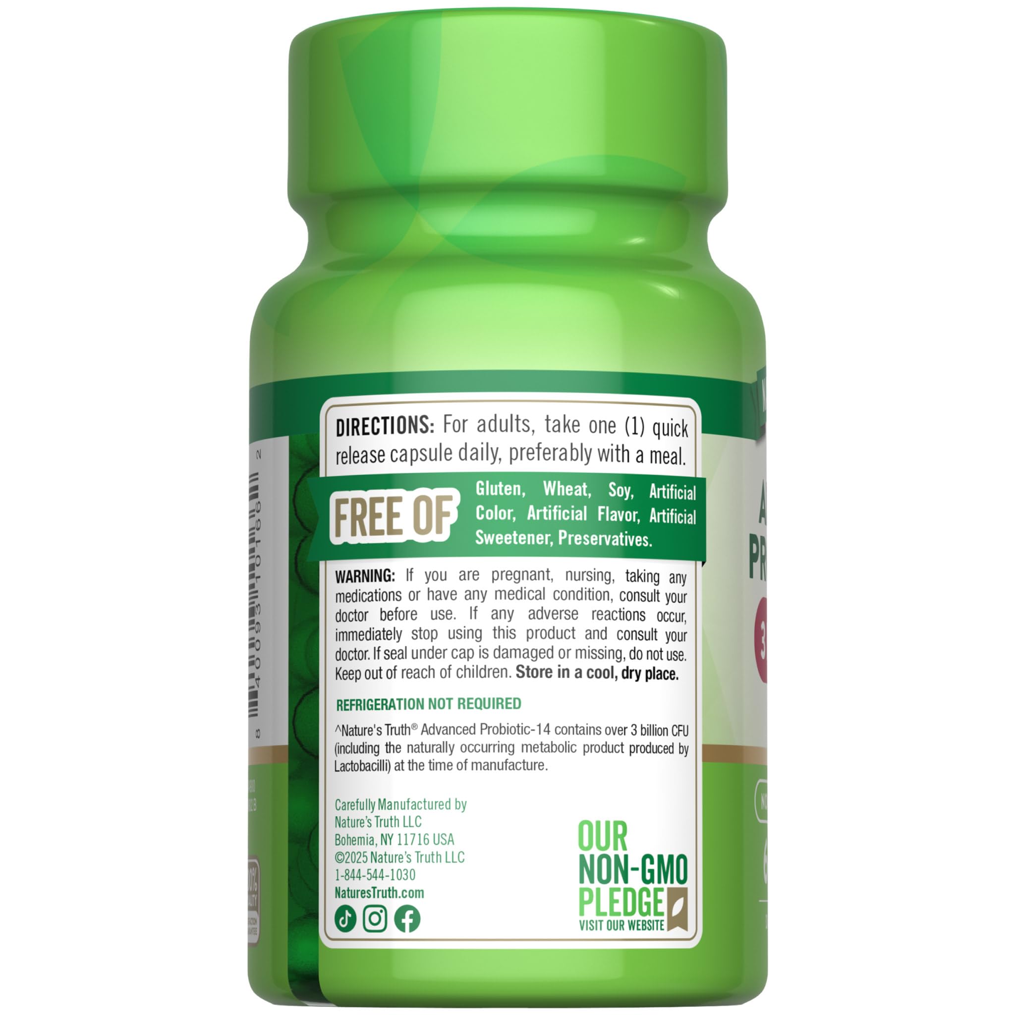 Nature's Truth Probiotics bottle with clean label and gluten-free badge.
