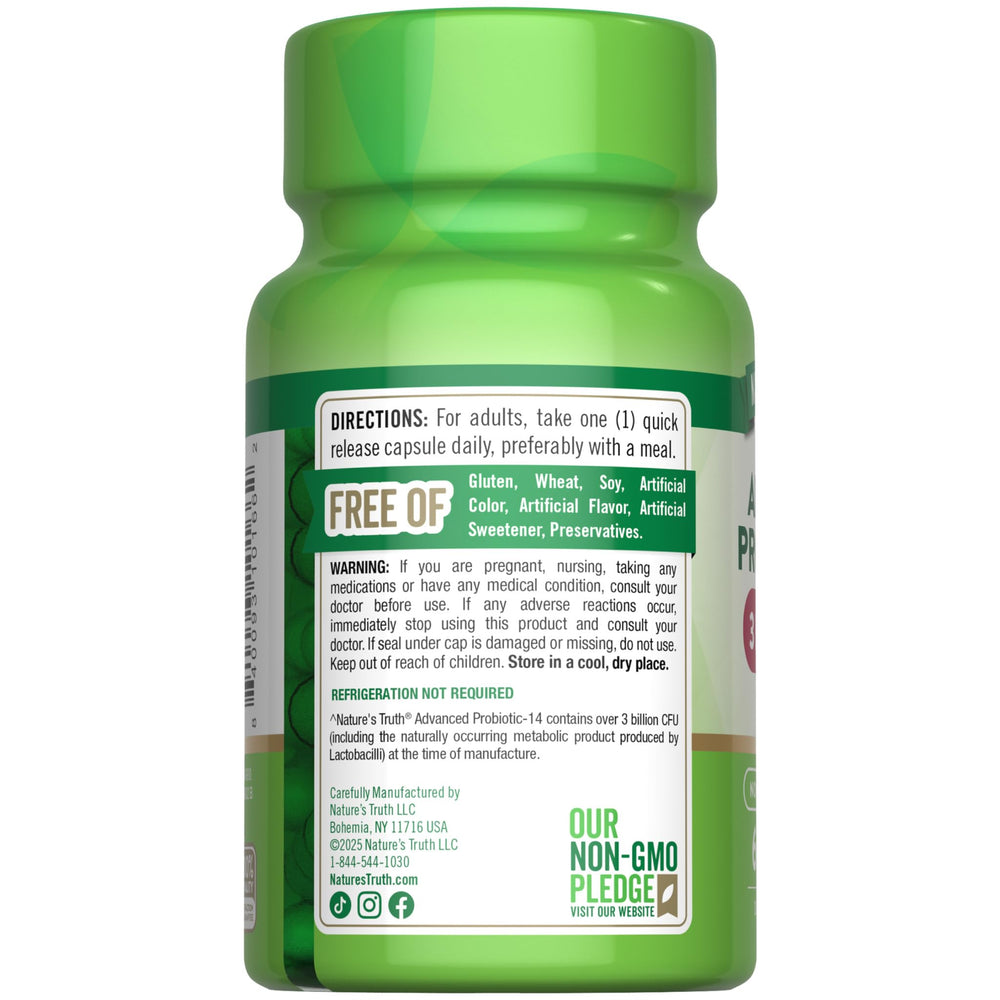 Nature's Truth Probiotics bottle with clean label and gluten-free badge.