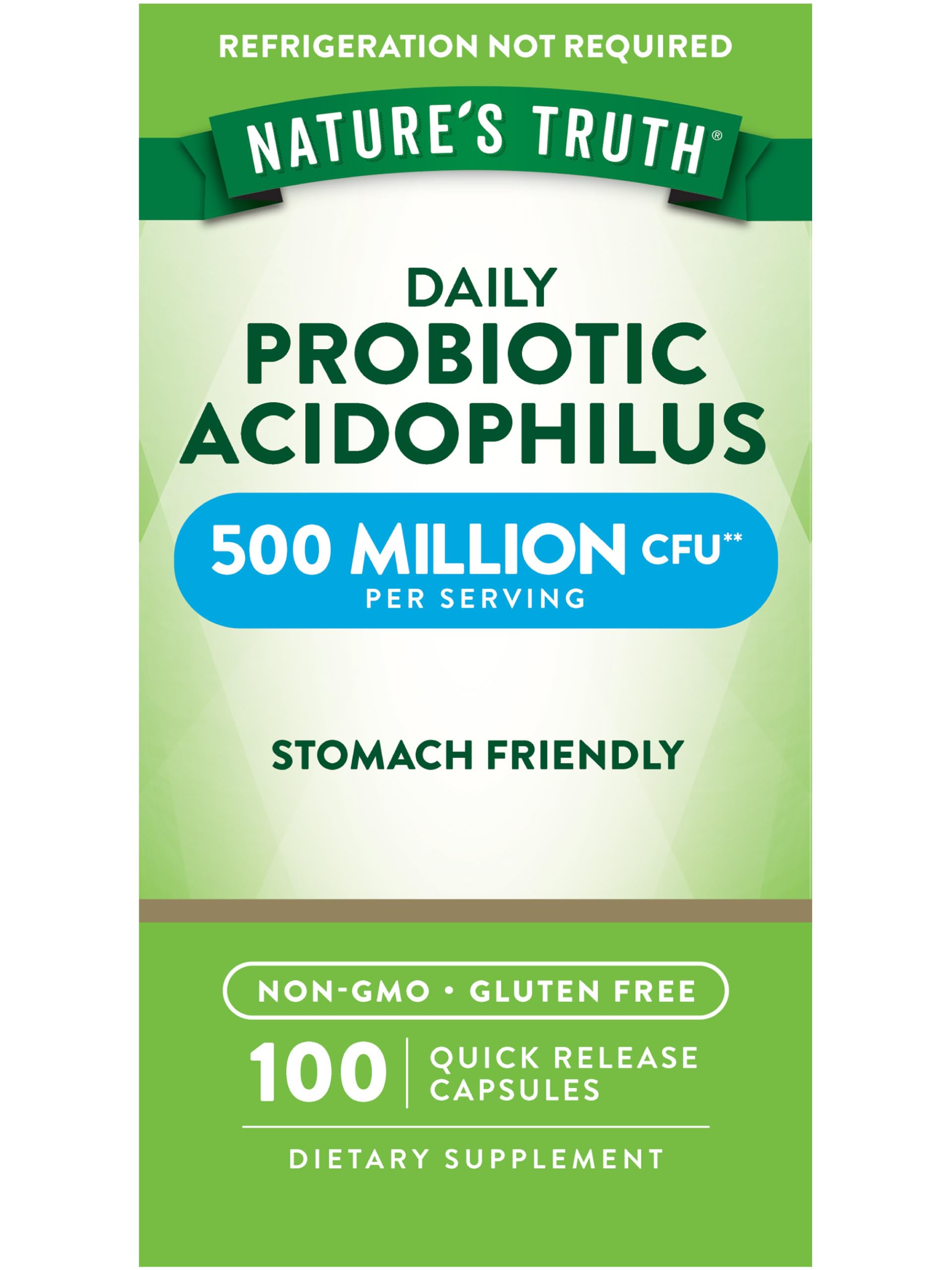 Nature's Truth Probiotics bottle close-up showing 500 million CFU per serving for daily probiotic support.