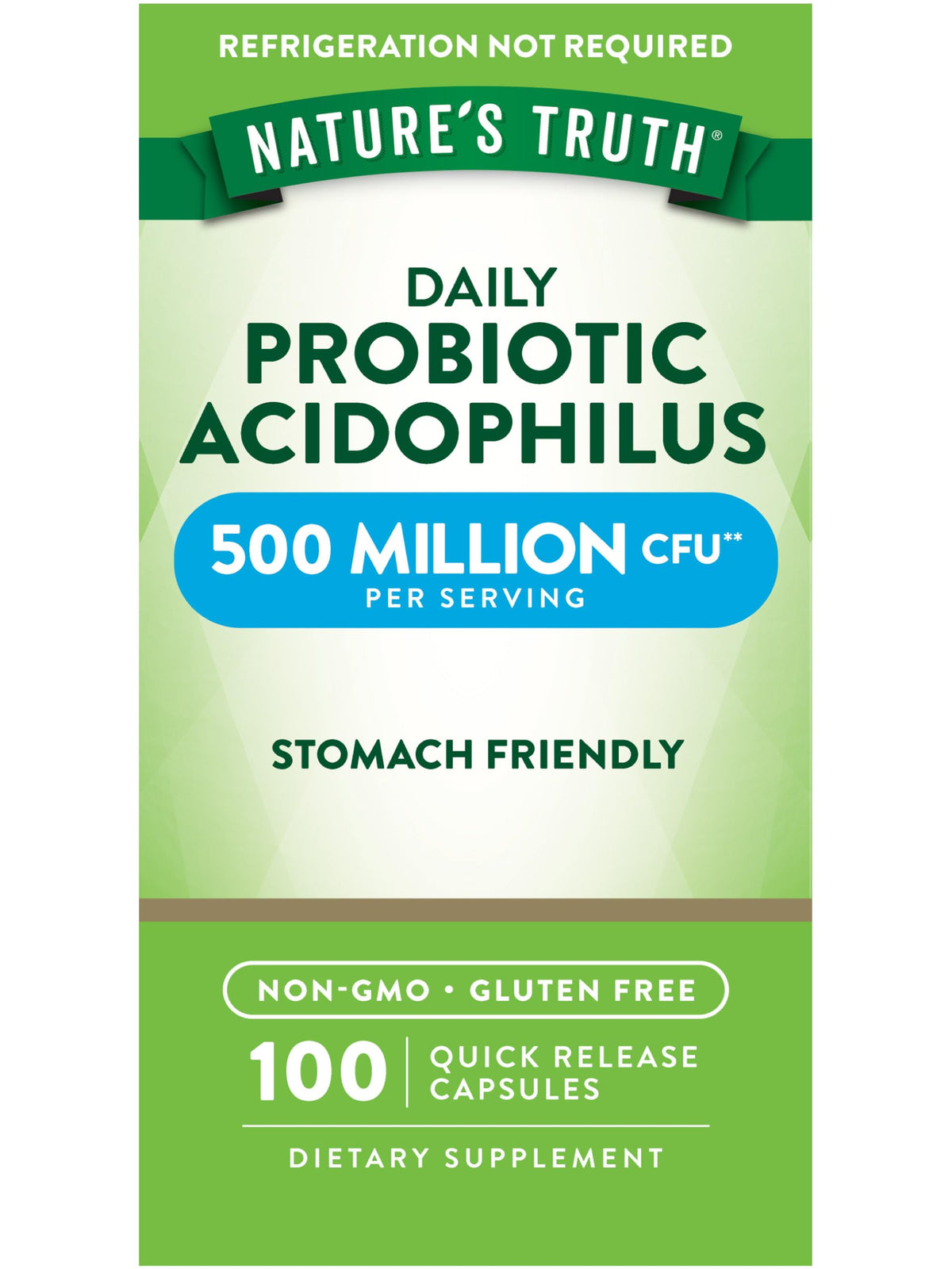 Nature's Truth Probiotics bottle close-up showing 500 million CFU per serving for daily probiotic support.