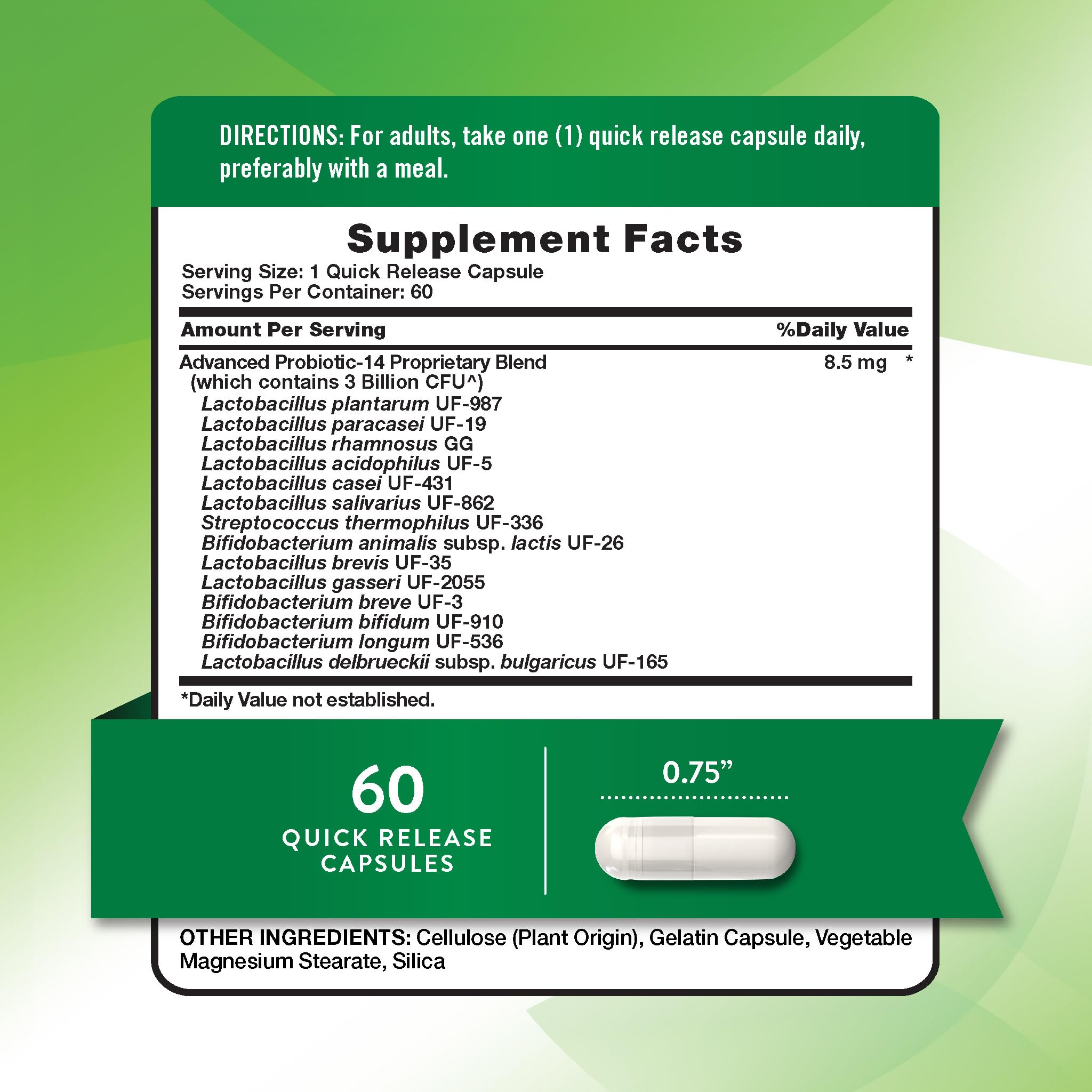 Nature's Truth Probiotics capsules closeup highlighting 14 strains.