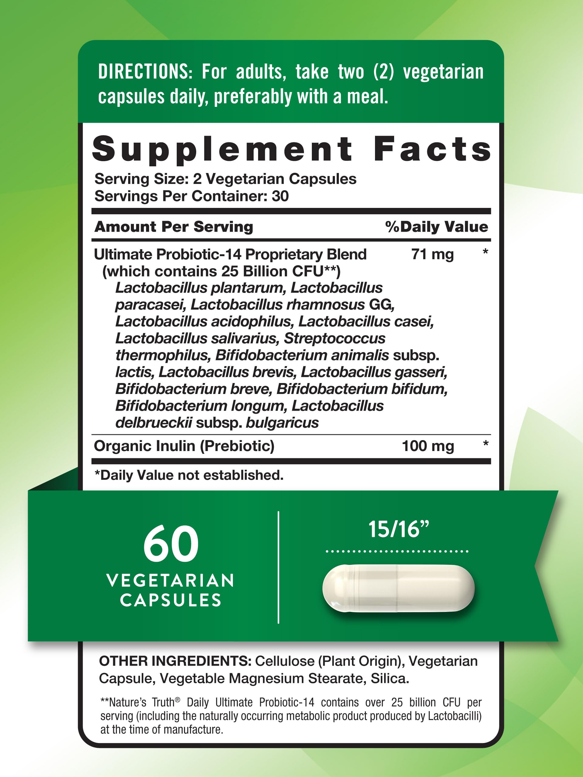 Nature's Truth probiotics capsules closeup showing 25 billion CFU and multiple strains.