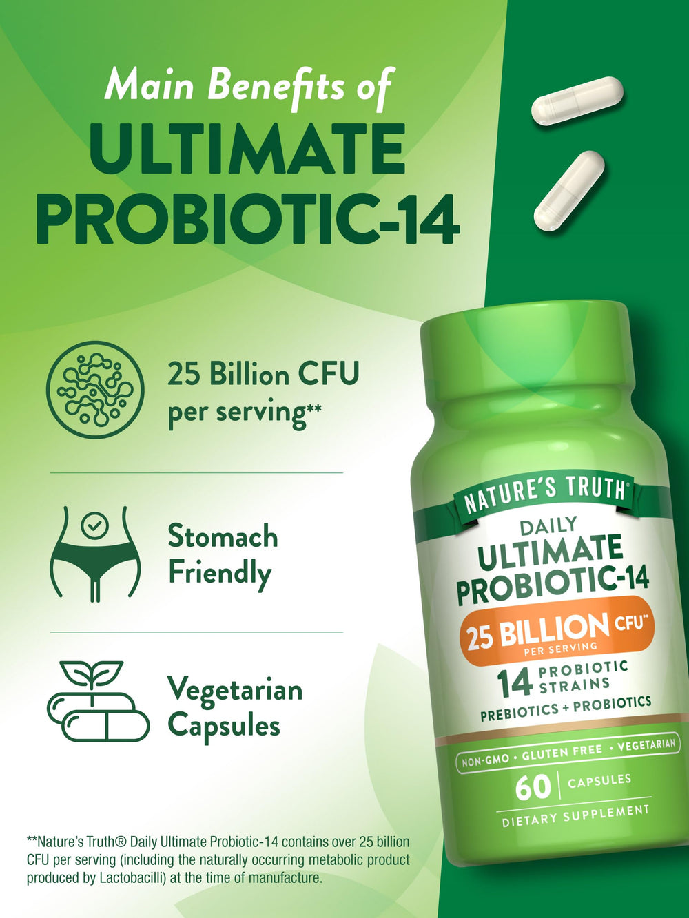 Nature's Truth probiotics gluten-free badge signals a gluten-free, allergen-friendly formula.