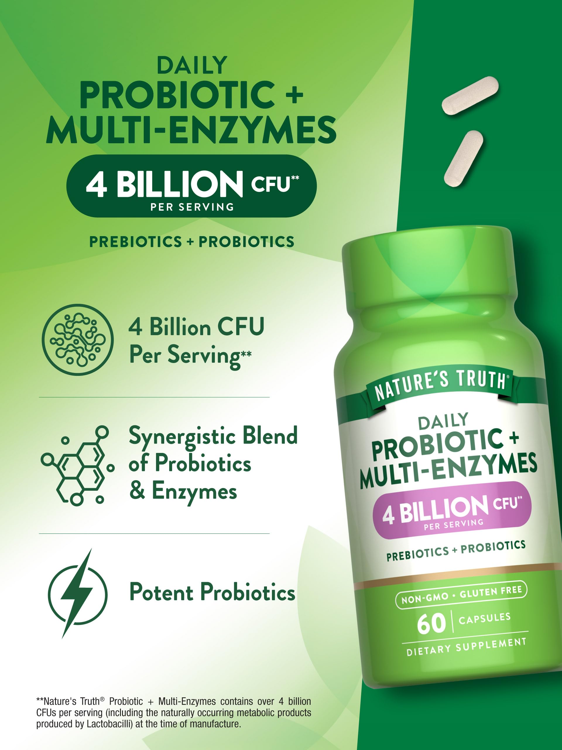 Nature's Truth Probiotics Gluten-free Non-GMO badge signals allergen-conscious quality