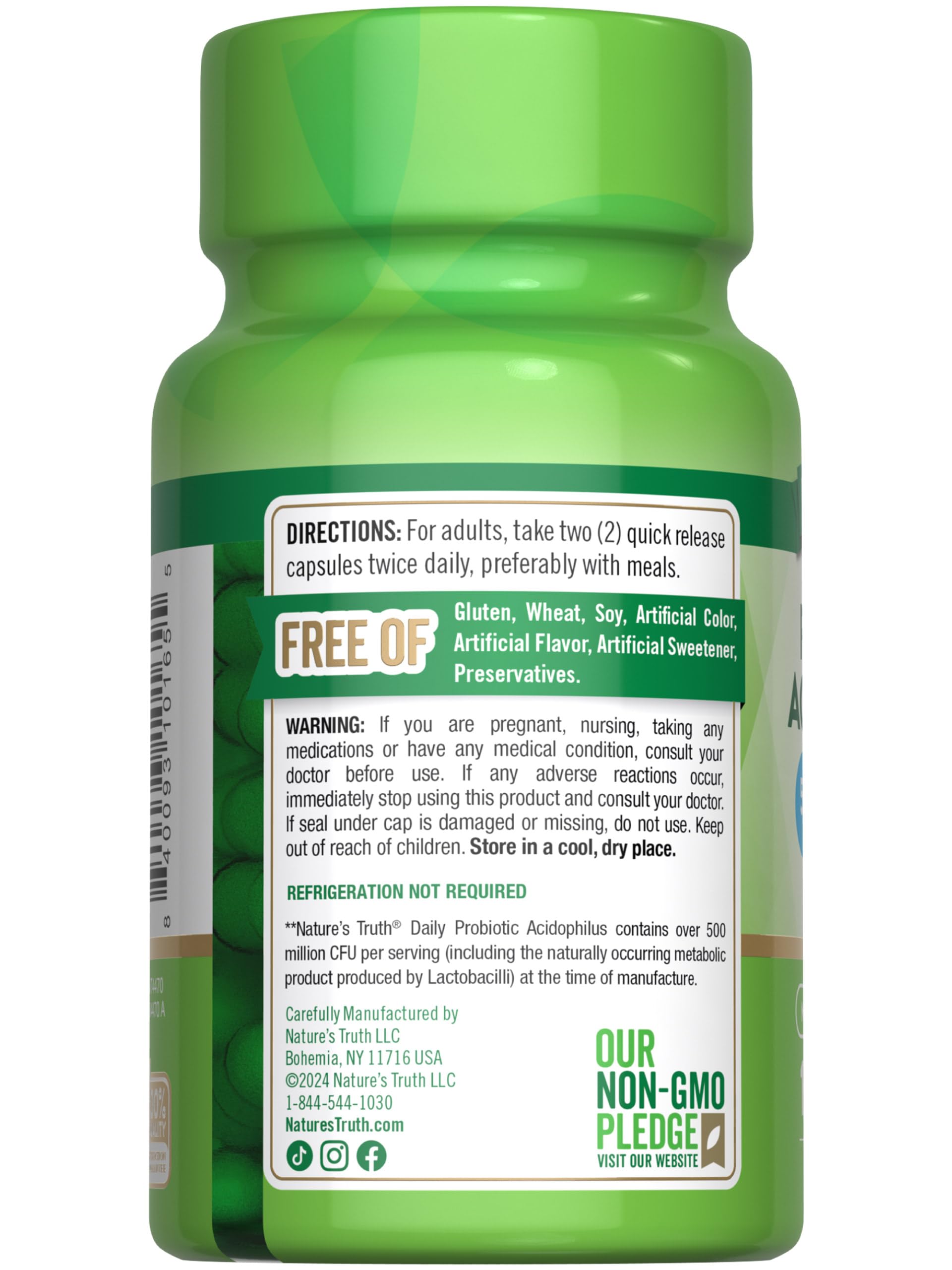 Nature's Truth probiotic ingredients panel showing no artificial colors or flavors.