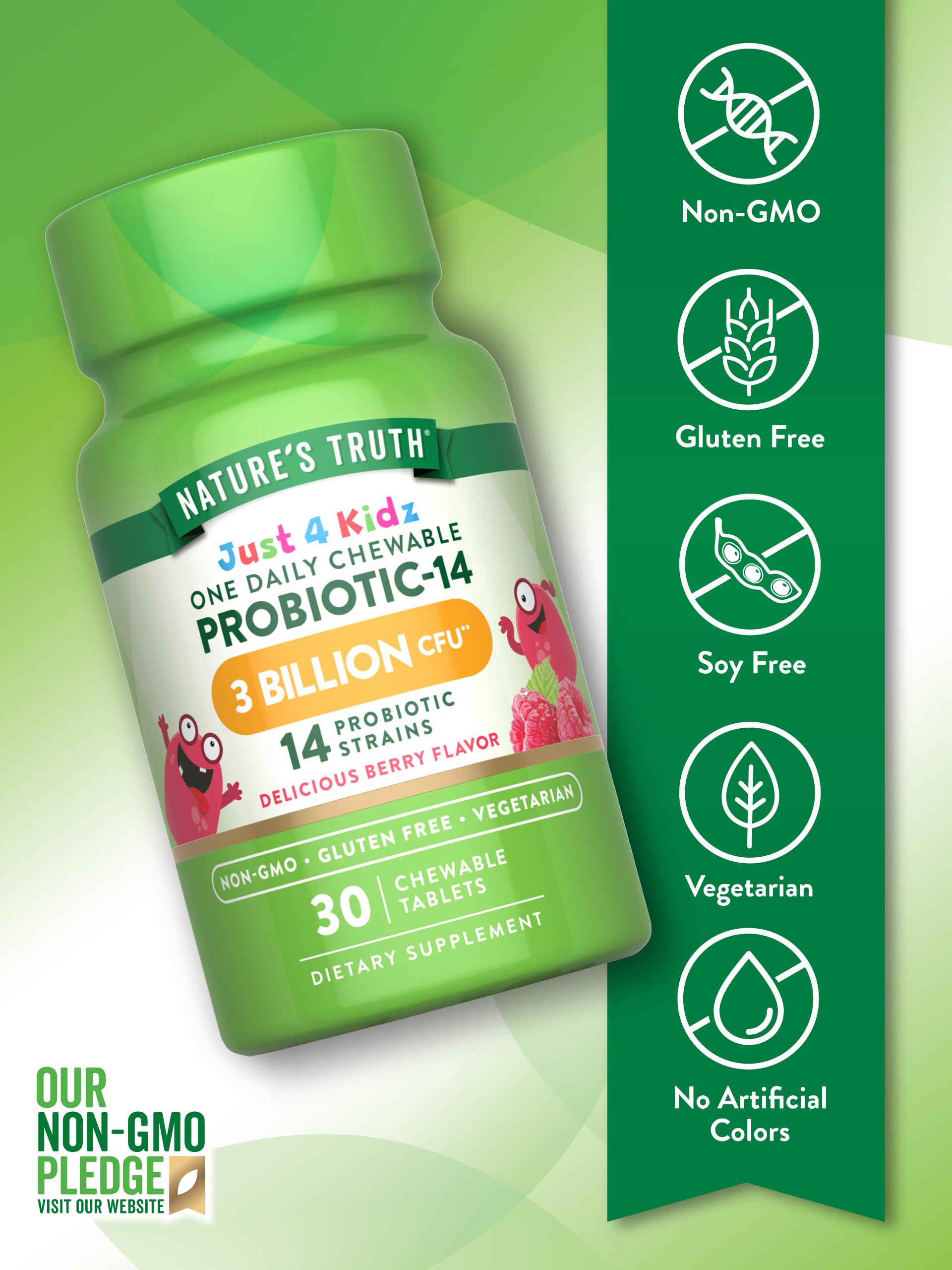 Nature's Truth Probiotics for Kids berry-flavor label highlights gluten-free, non-GMO formula.