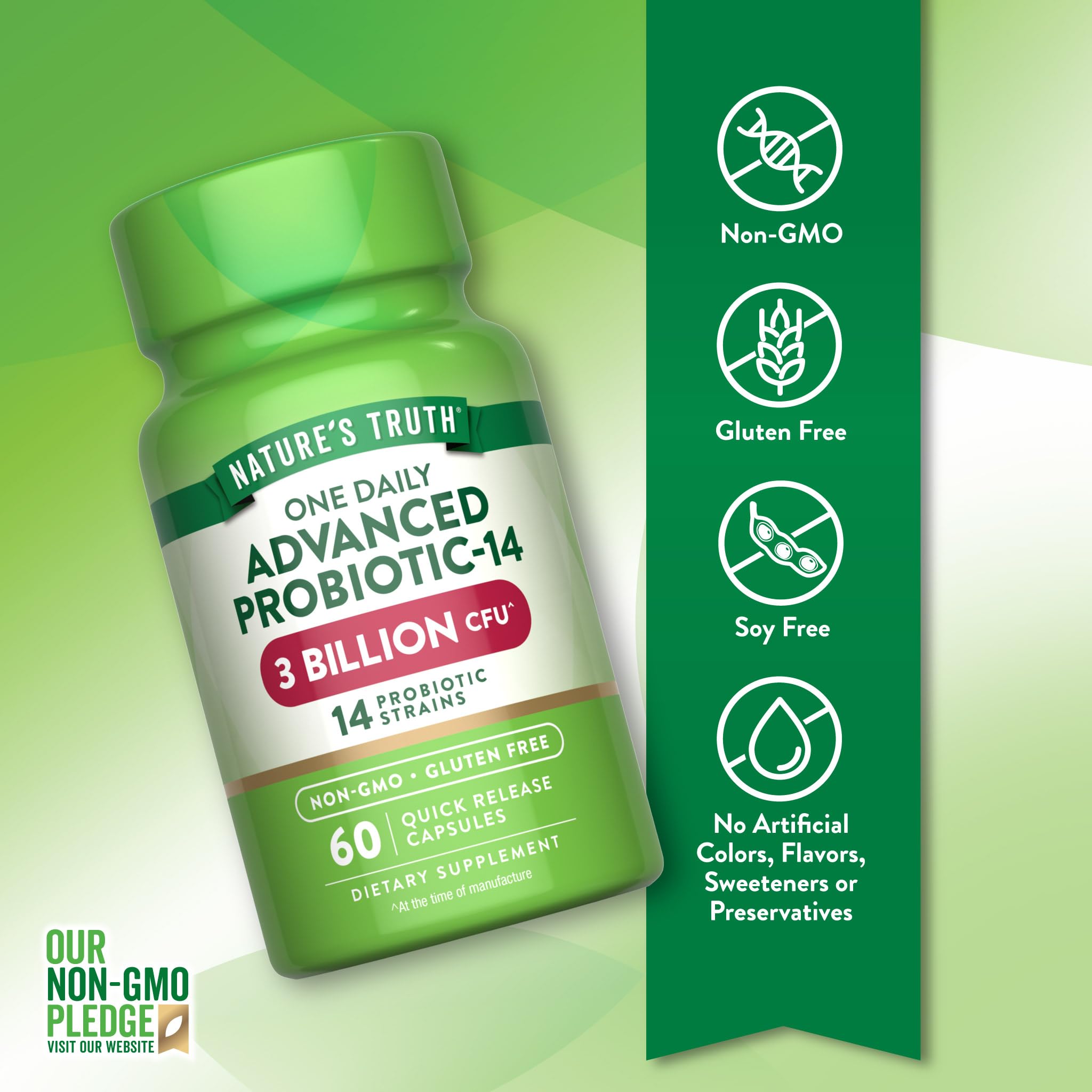 Nature's Truth Probiotics label back showing Non-GMO and gluten-free status.