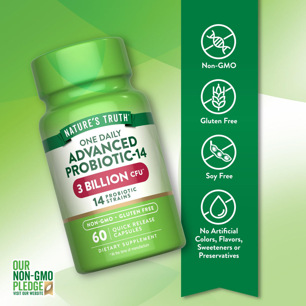 Nature's Truth Probiotics label back showing Non-GMO and gluten-free status.
