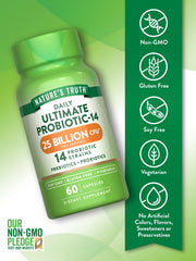 Nature's Truth probiotics label info highlights 14 strains and inulin prebiotic support.