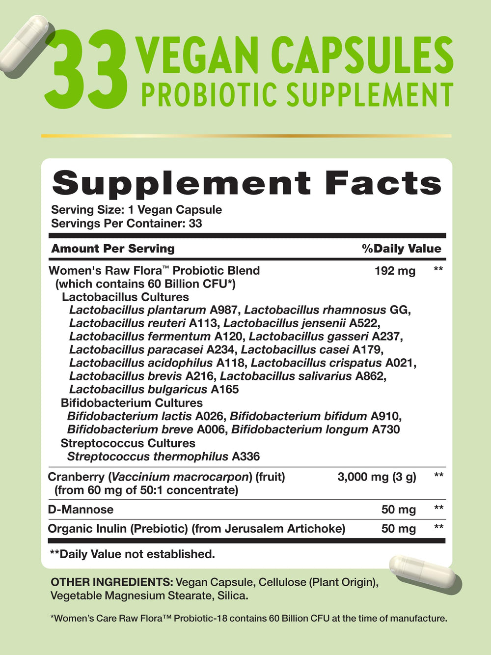 Nature's Truth Raw Flora Womens Probiotics bottle label highlights 60B CFU and strains.