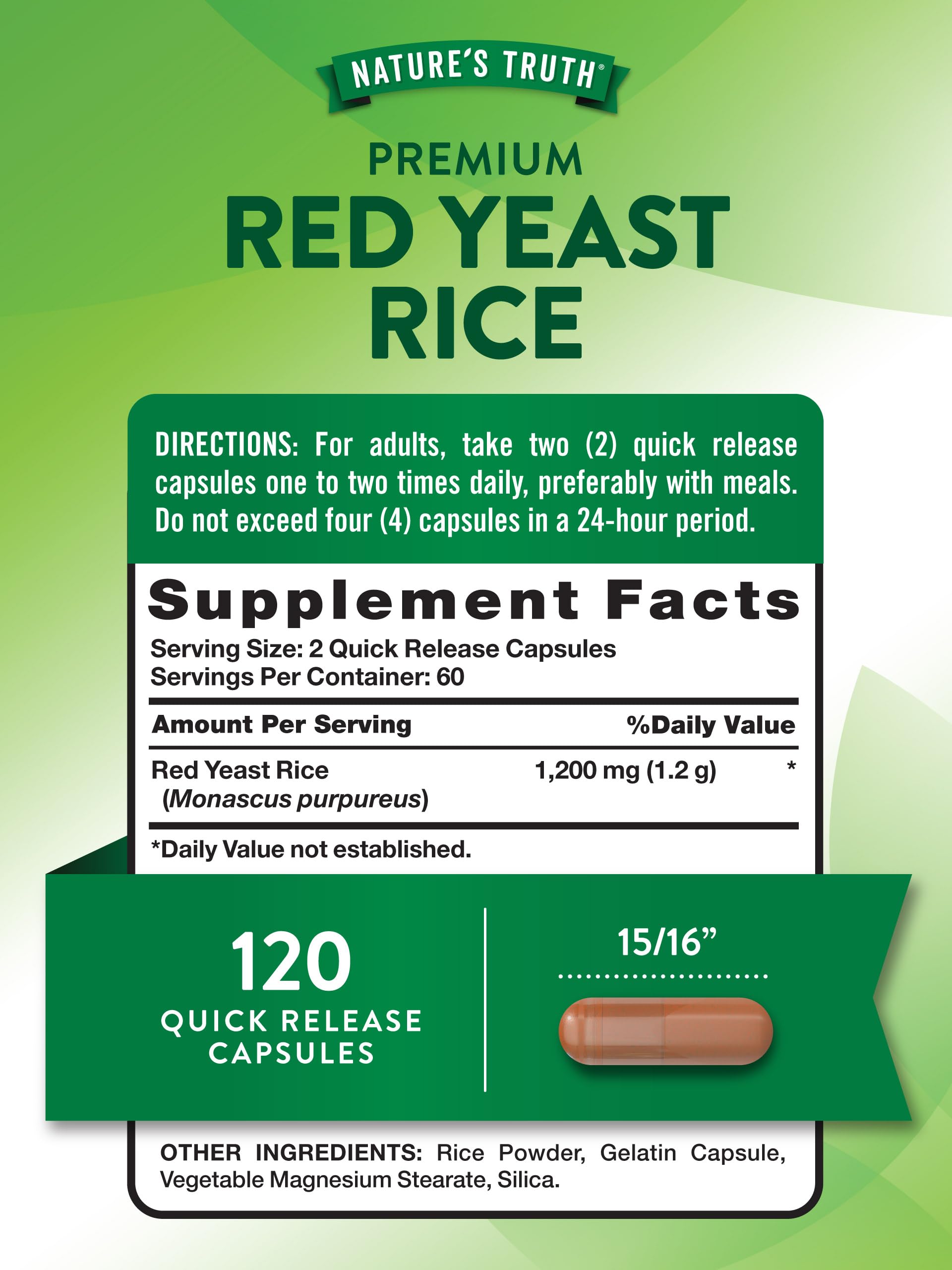 Nature's Truth Red Yeast Rice capsules closeup for easy dosing