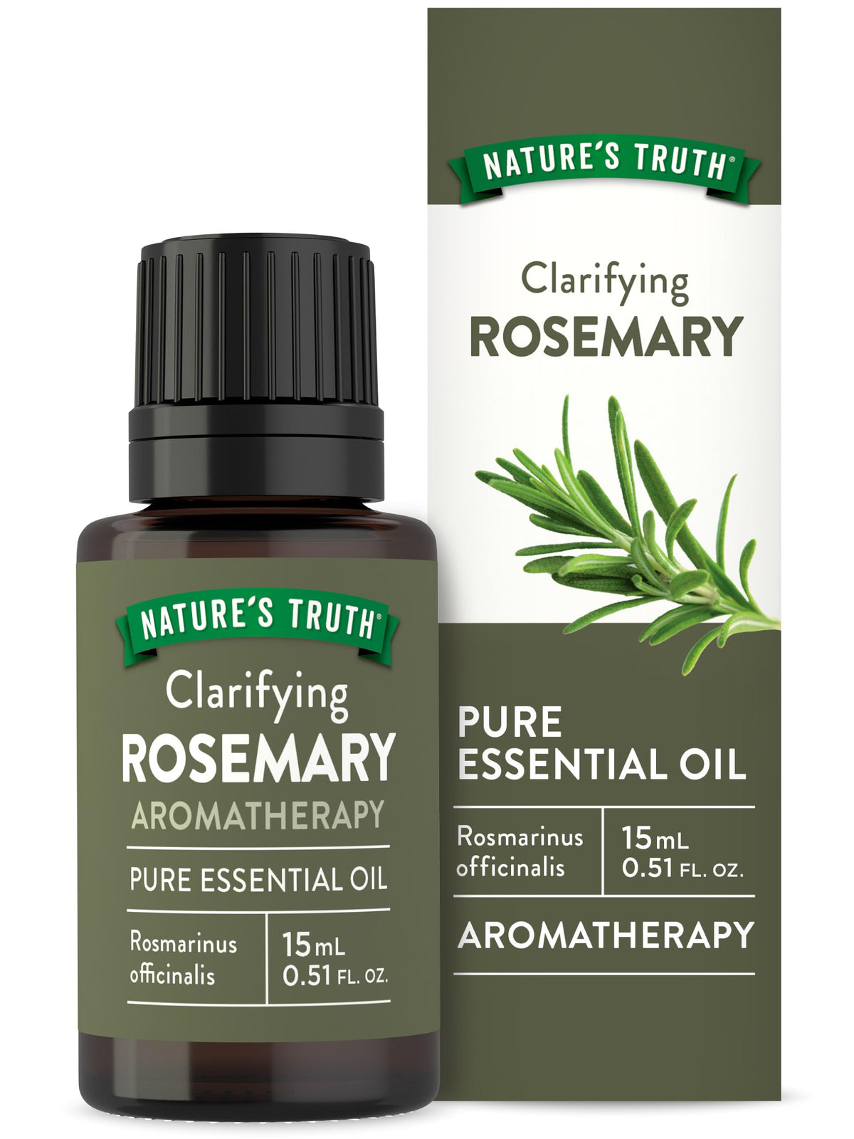 Nature's Truth rosemary essential oil bottle for diffusing a clarifying aroma.