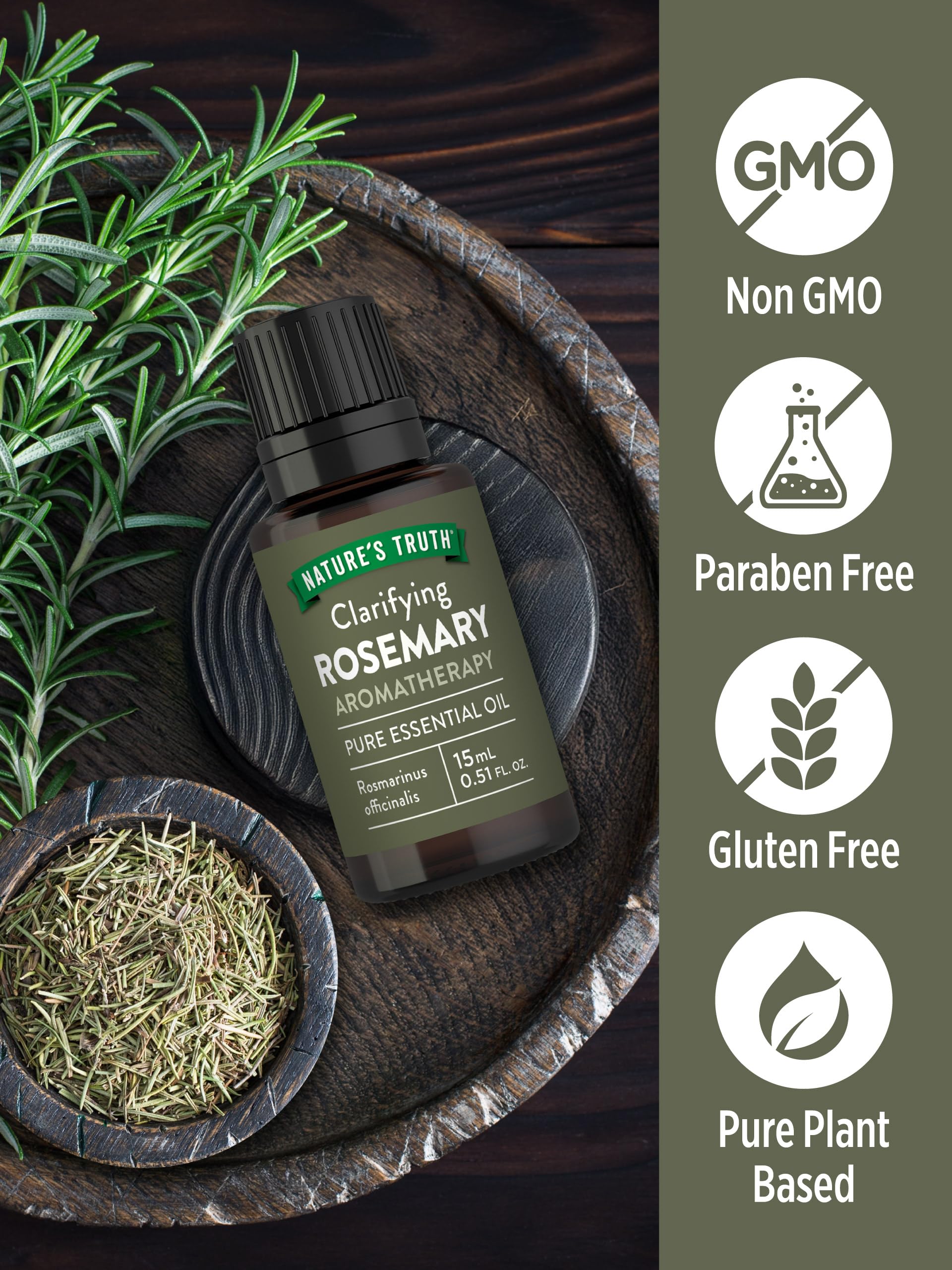 Nature's Truth rosemary essential oil bottle for shower or bath relaxation.