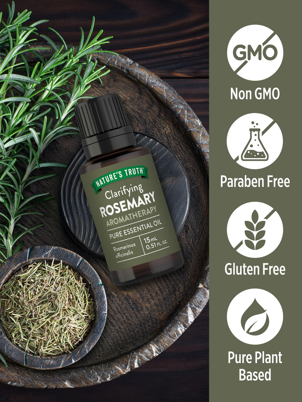 Nature's Truth rosemary essential oil bottle for shower or bath relaxation.